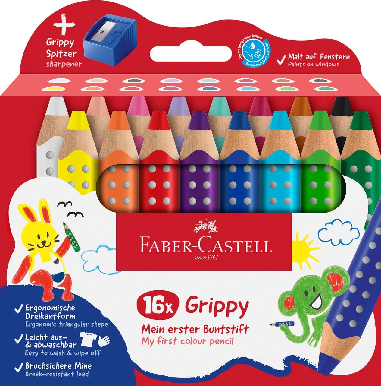 Faber-Castell Grippy 110645 Colouring Pencils Set, 16 Colouring Pencils with Sharpener for Toddlers from 2 Years, 3-in-1 Pencil Set