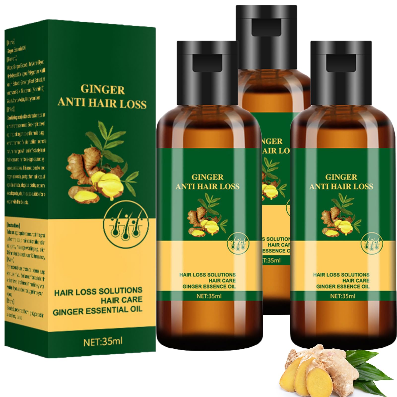Lidoria Ginger Anti Hair Loss 7 Days, Ginger Essential Oil for Hair Growth Stronger and Fuller Hair, Hair Growth Serum for women for Dry Damaged Hair, Thicker Longer Hair (1.2 Oz(Pack of 3))