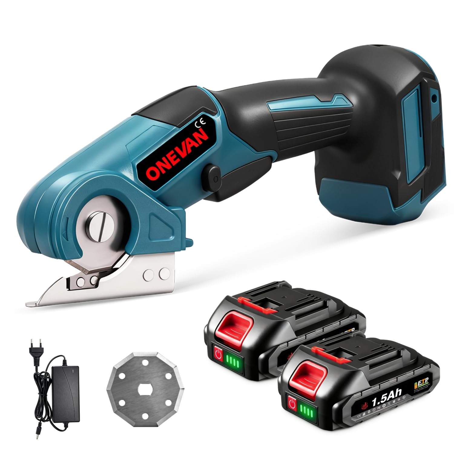 ONEVAN Akku Universalschere 20V Elektrisch Akkuschere mit Selbstschärfender Klinge, 7mm Schnitttiefe, Kartonschneider für Stoff/Teppich/Karton, 300 U/min Kabellose Schere mit 2x1.5Ah Akku