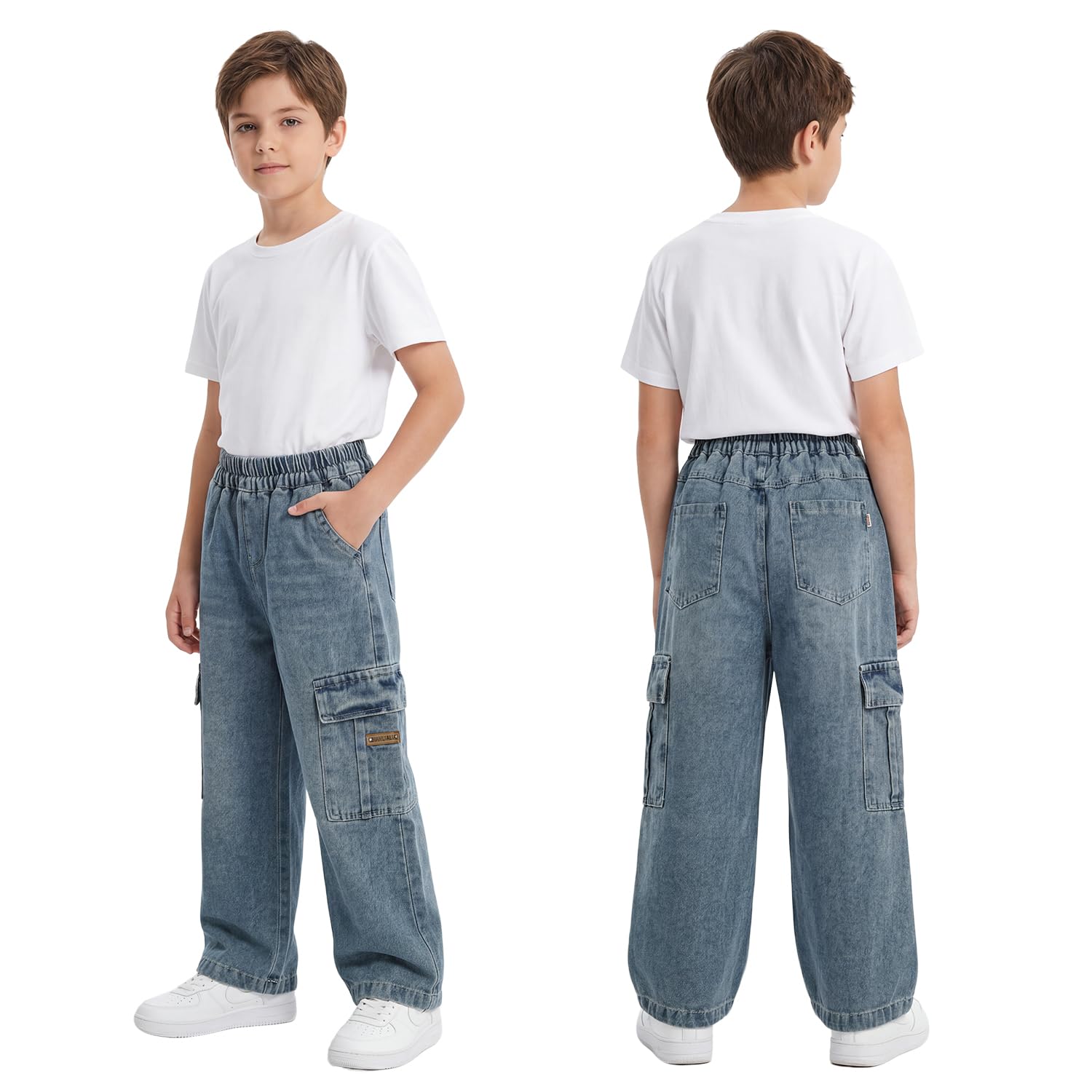 Jeans Baggy Ragazzo Bambino Pantaloni Cargo Denim con Tasche Multiple Vita Elasticizzata Gamba Dritta Larghi Loose Fit Stretch Jeans Cargo Casual Moda Vintage Streetwear per Bambini 7-15 Anni