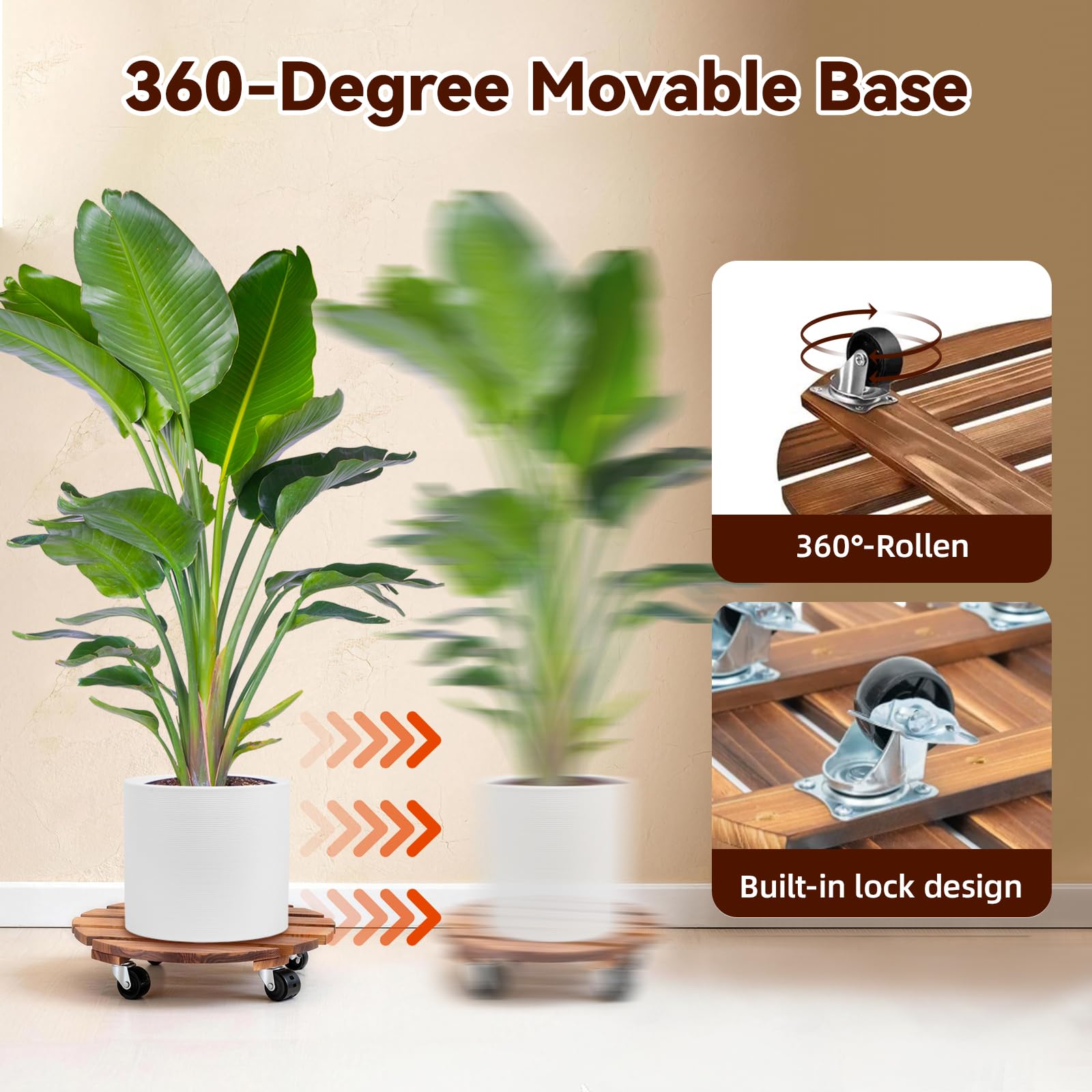 Lot de 2 Porte Plantes à roulettes 30,5 cm, Rond en Bois avec Roues Pivotantes et Verrouillables, Capacite 120kg, Chariot Mobile pour Pots de Fleurs Lourds, Usage Intérieur et Extérieur