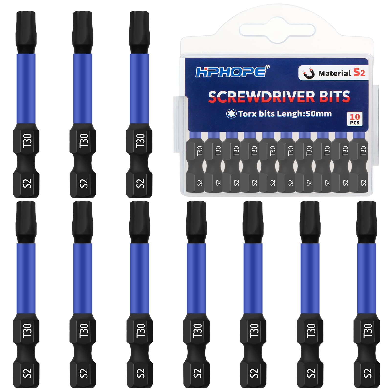 HPHOPE T30 Screwdriver Bit Set 10Pcs, Torx Bits T30, 1/4" Hexagon Bit, Length: 50mm