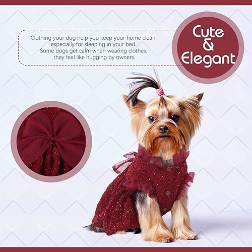 Vista 4 de Kuoser Vestido para perro, lindos vestidos para perros pequeños y niña, elegante tutú para cachorro con nudo de lazo, disfraz de princesa para Rojo