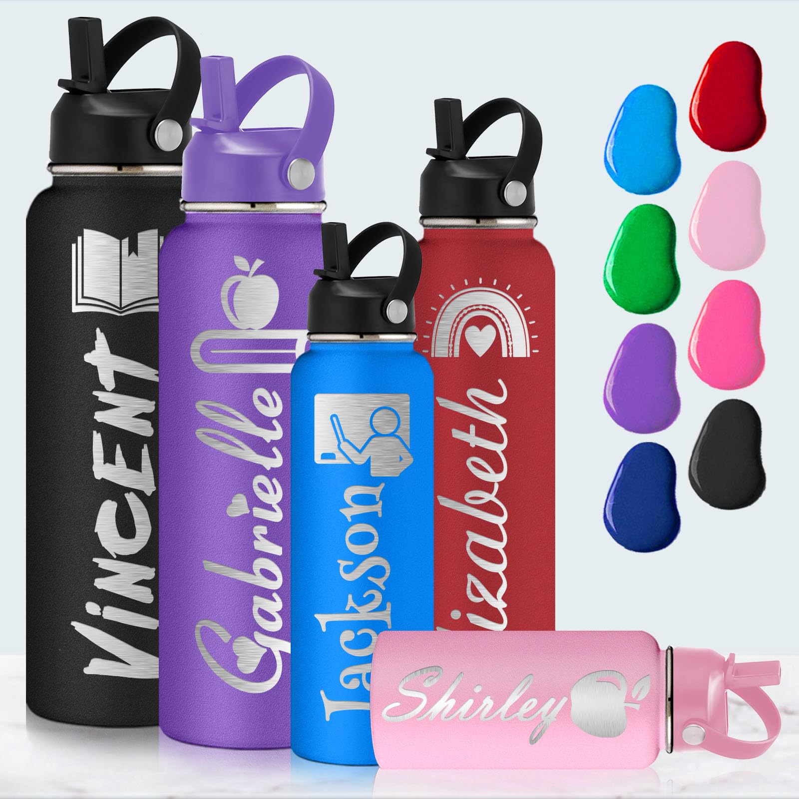 Custom Water Bottle with Name Engraved, Personalised Water Bottles with Straw Lid, Customised Gifts for Women Men (12/18/24/32/40oz)