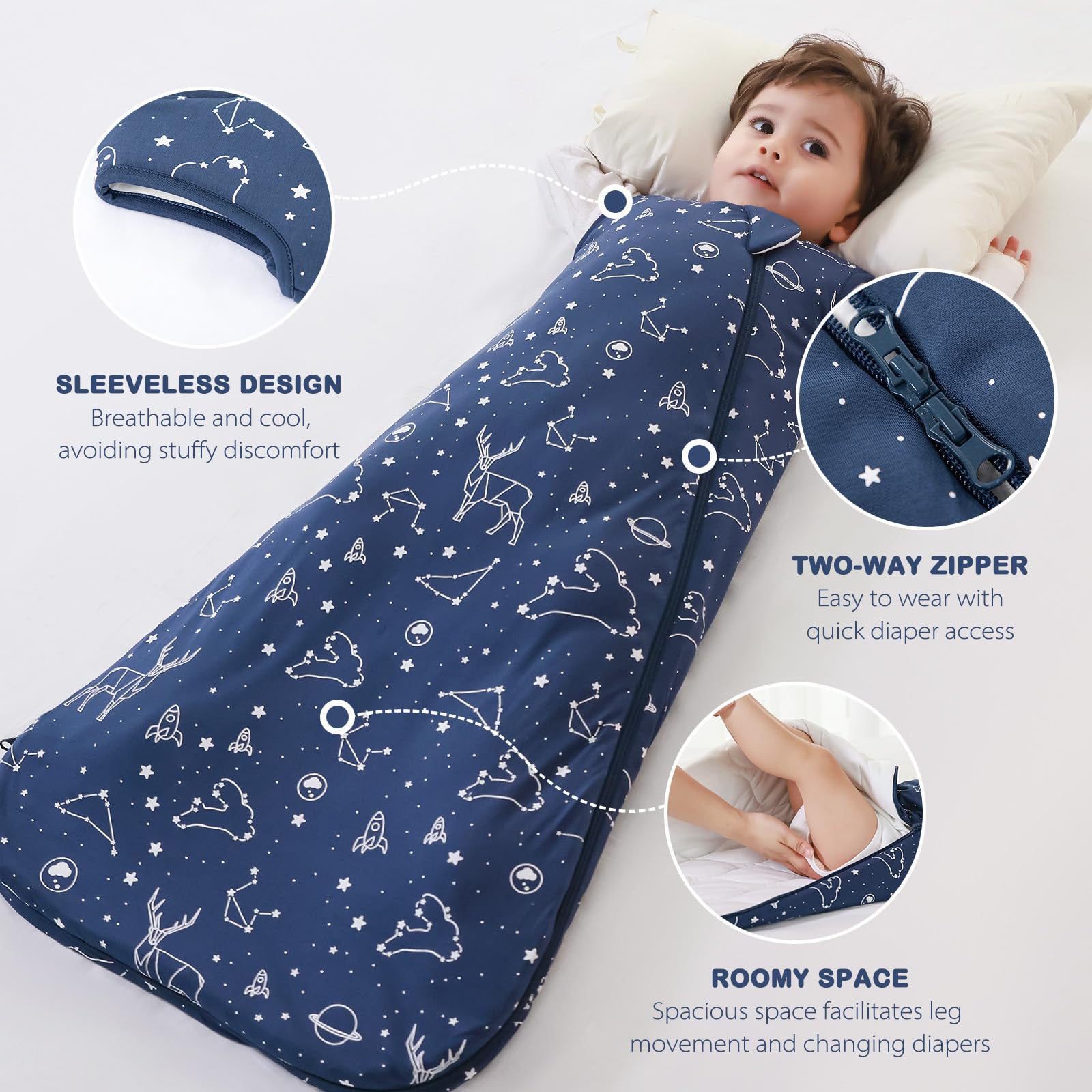 Mosebears Sacco nanna invernale per bambini 2,5 tog,Sacco Nanna Neonato in fibra di bambù, morbidissimo e caldo(Navy Blue,S(0-6 mesi)