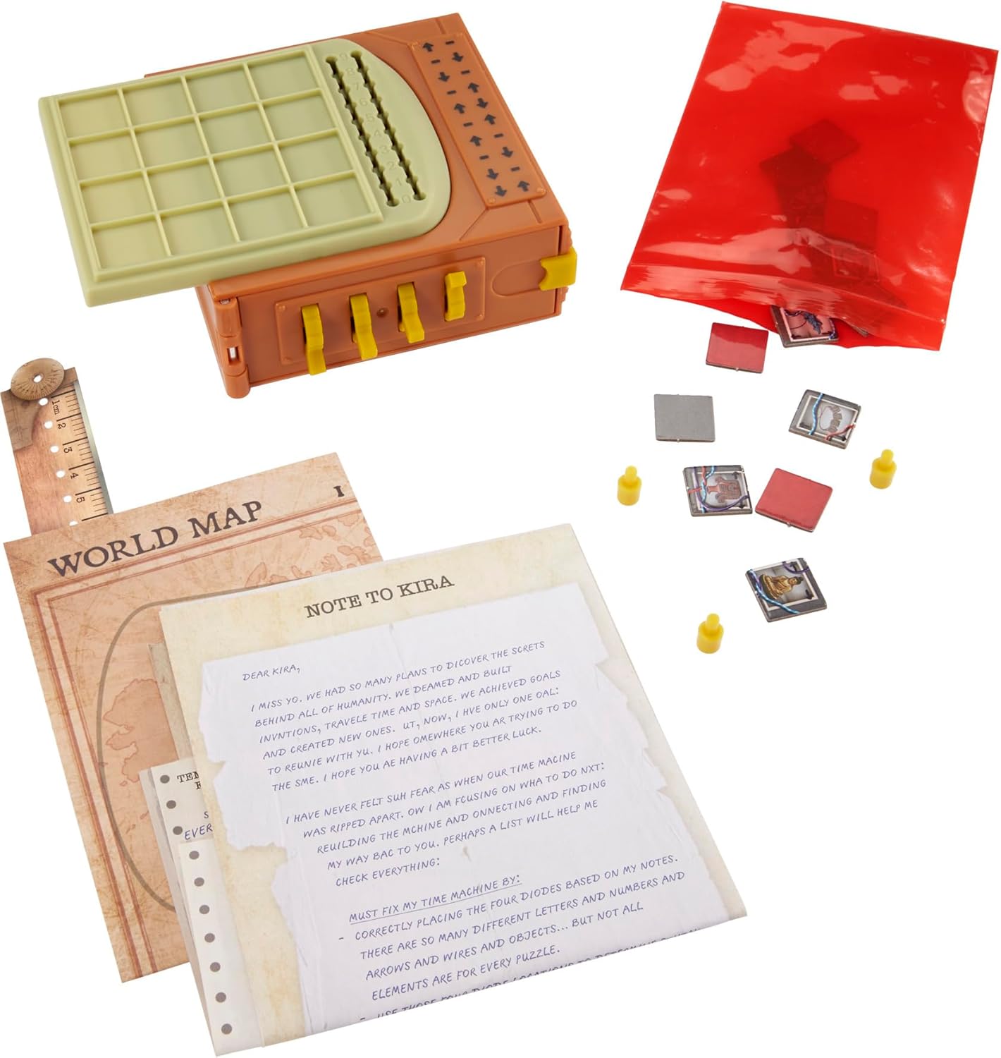 A collection of game components, including the time machine puzzle box, various paper clues, a ruler, and small red tokens in a clear bag, arranged on a surface.