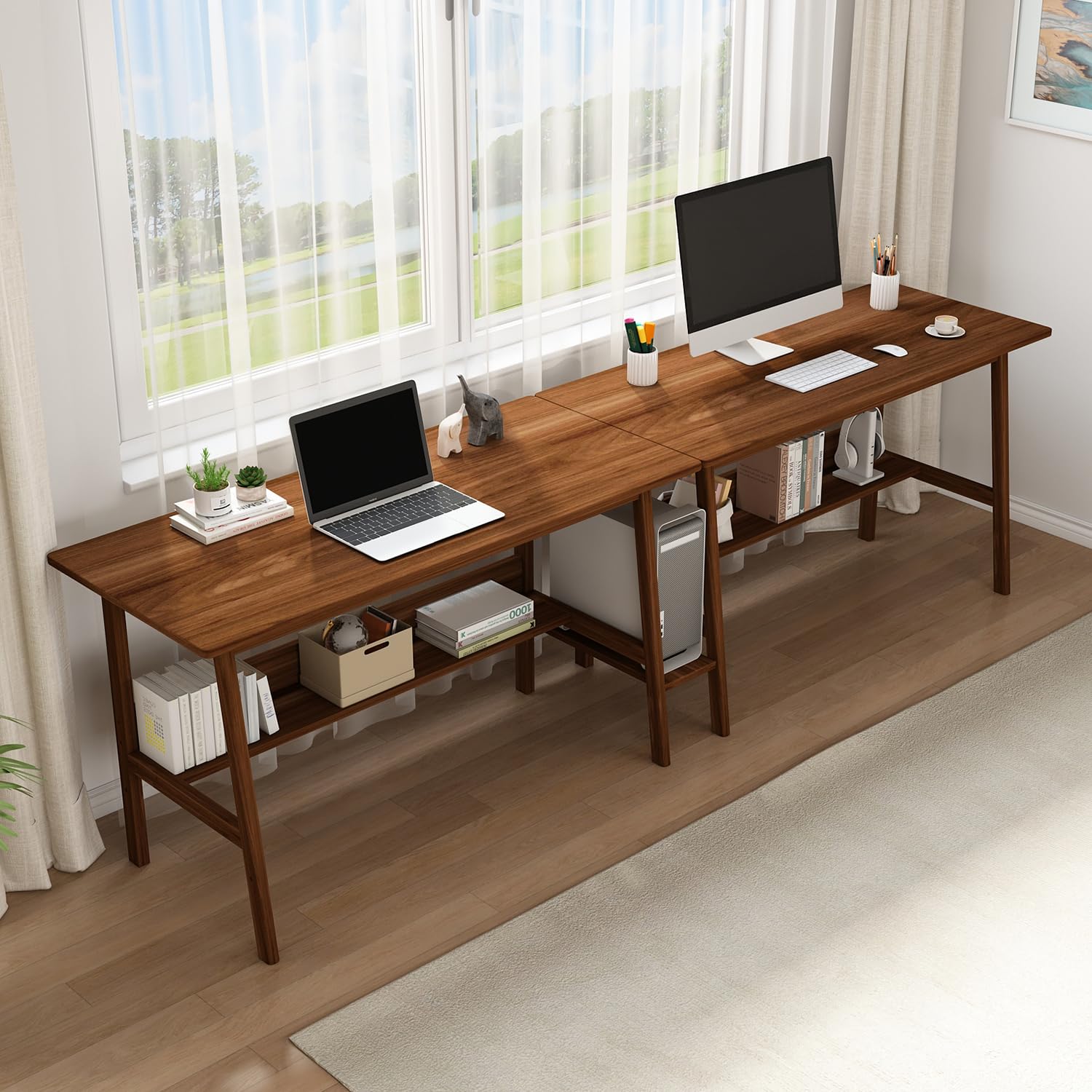 NELYE 2-Person Writing Desk with Bookshelf - 110 Wooden Extra Long Home Office Work Table Double Study Computer