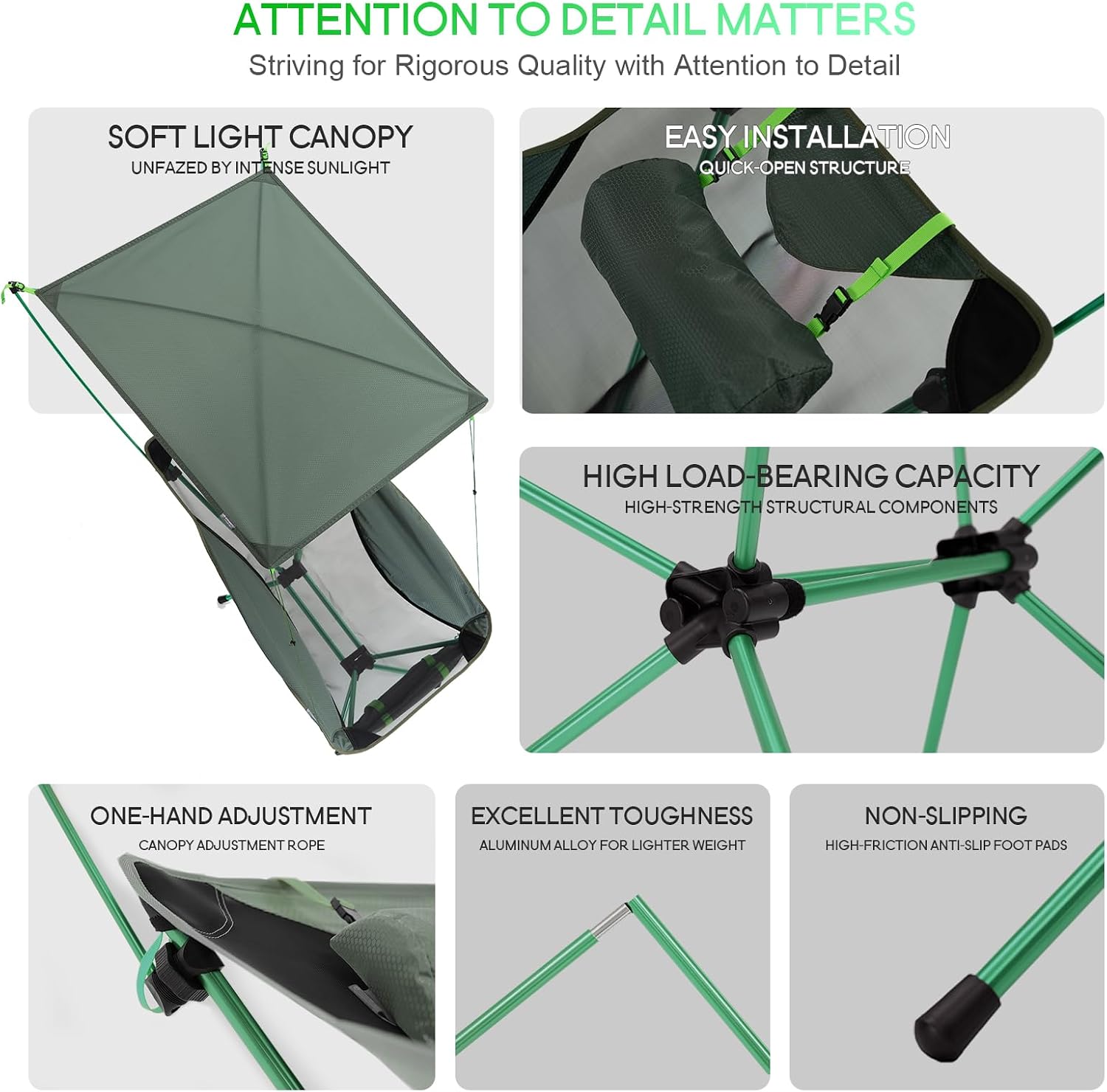 Rocking Chair with Sunshade Canopy for Outdoor,Lightweight and Portable Folding Camping Chairs Canopy with Back Support for Travel Sports Fishing -264LBS (1, Green)