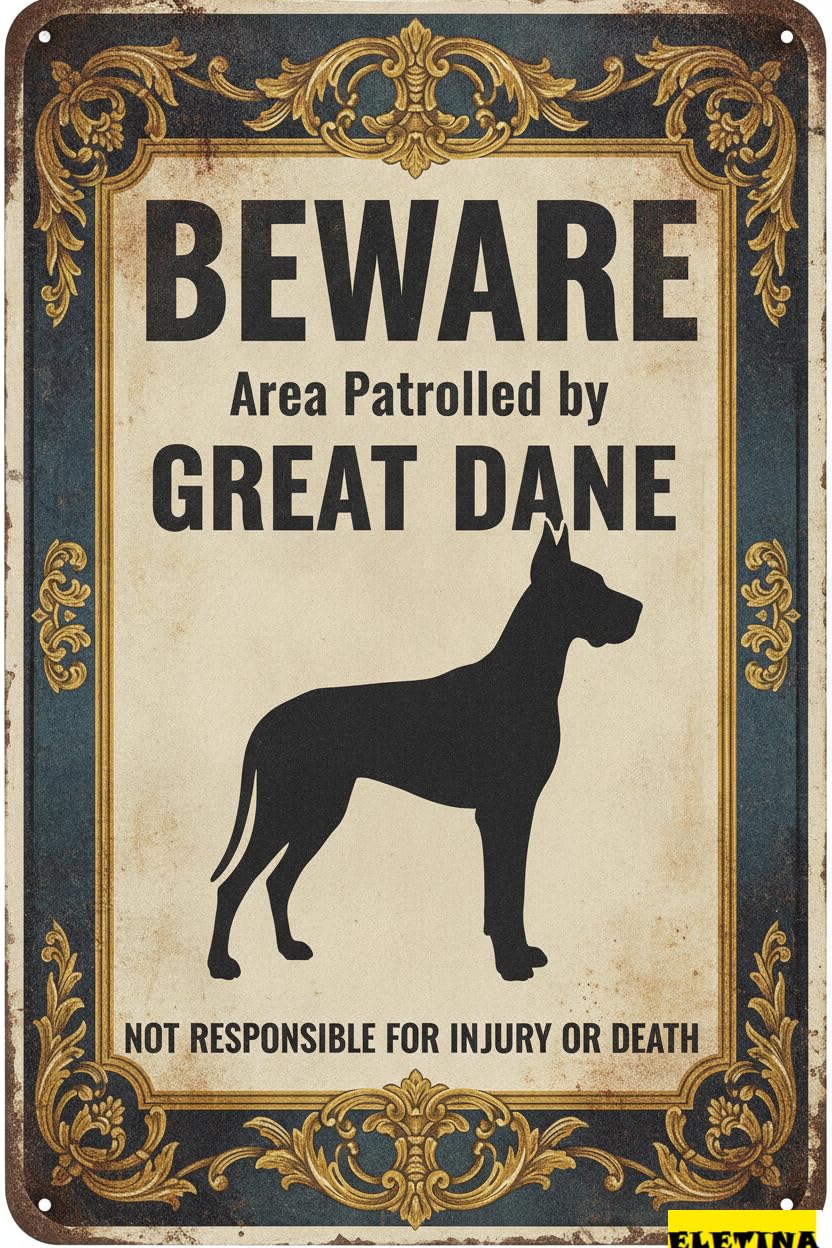 Personalized Sign for Man Cave Beware Area Patrolled By Great Dane Dog Alert Unique Novelty Safety Caution Outdoor Warning Notice Aluminum Metal 8x12 Inch, Black Private Property Decorative