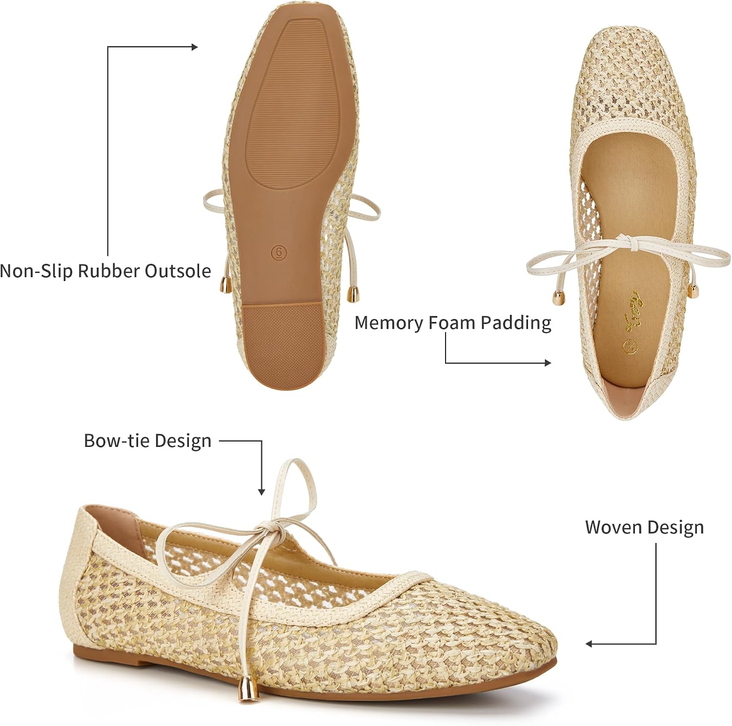 Trary Mary Jane Shoes Women Woven Flats for Women Dressy Ballet Flats Spring Summer Squared Toe Lace Up Mary Jane Flats Shoes