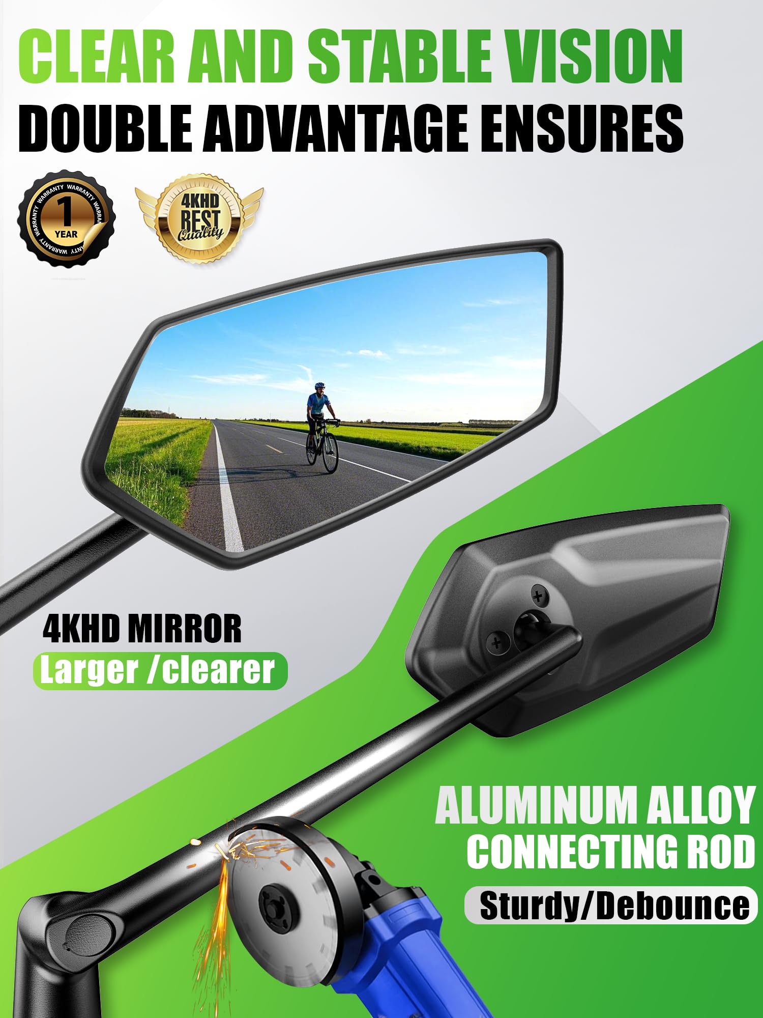RBRL Bike Mirror, 3D Adjustable Arm for Extended Reach, Aluminum Alloy Anti-shake Bicycle Rearview Mirrors, 360° Panoramic Rearview, Wide Angle Shatterproof & Foldable E-bike Mirror(left)