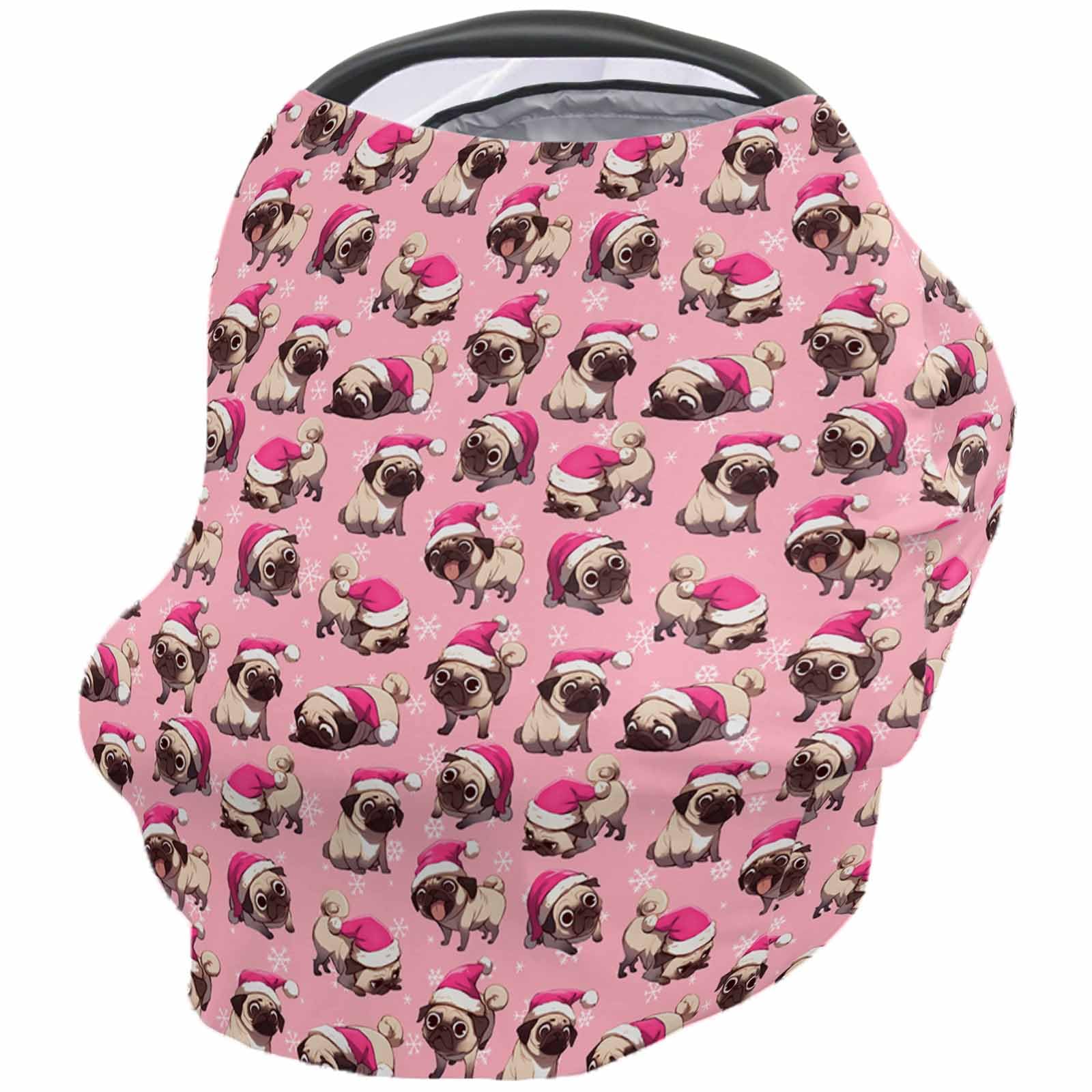 Nursing Cover for Breastfeeding Scarf, Merry Christmas Snowflake Dogs Santa Hat Pink Baby Car Covers Super Soft Multi Use for Canopy Shopping Cart Cover Blanket Stroller Cover