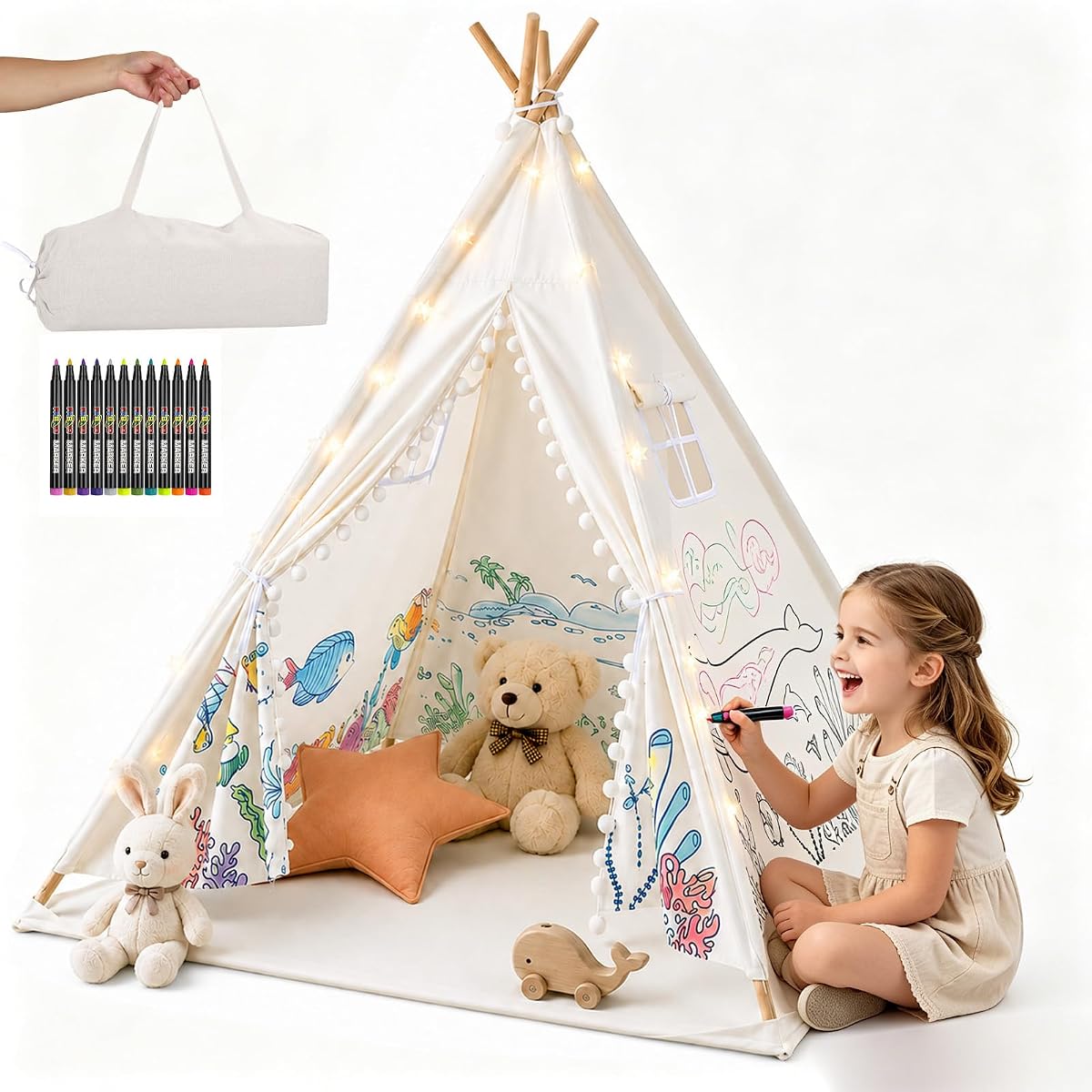 Tienda Tipi para Niños, Tienda de Campaña Pintable con LED, 10 Crayones Lavables, Casa de Juegos de 140 cm para Niños al Aire Libre, Regalo para Niñas Niños de 3 a 8 Años Tienda de Lino con Tema de Animales del Océano con Bolsa de Transporte