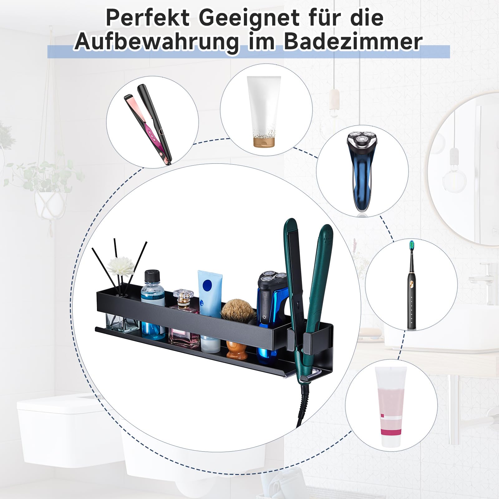 Soporte de Pared para Secador y Planchas, Soporte Pared Secador Pelo, Soporte Plancha Pelo, Organizador sin Taladrar para Planchas de Rizo, Cepillo de Aire y Accesorios de Maquillaje en baño (Plata)