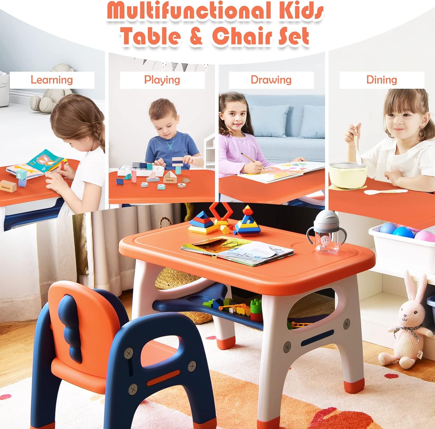 Costzon Kids Table and Chair, Dinosaur Modeling Children Activity Desk Set with Storage Rack & Building Blocks for Dining Playing Reading, Toddler Table and Chair Set for Boys Girls (Orange)