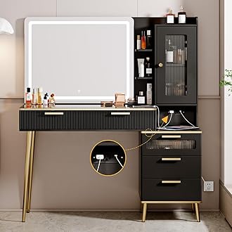 47.24" Big Modern Vanity Desk with Mirror and Lights, Vanity Desk with 29.53" HD Lighted Mirror, Makeup Vanity with 5 Drawers and Storage Shelves and Charging Station Black2