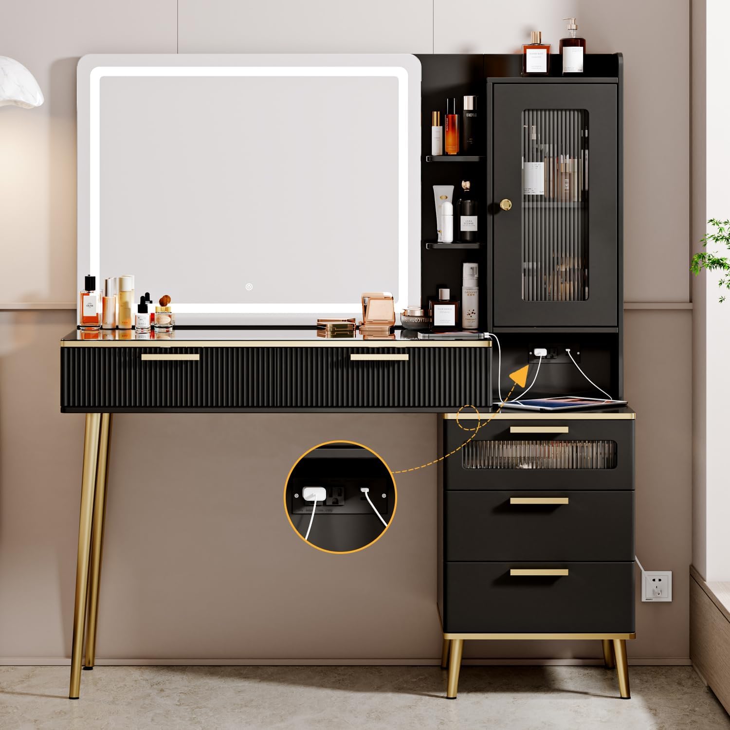 47.24" Big Modern Vanity Desk with Mirror and Lights, Vanity Desk with 29.53" HD Lighted Mirror, Makeup Vanity with 5 Drawers and Storage Shelves and Charging Station Black2