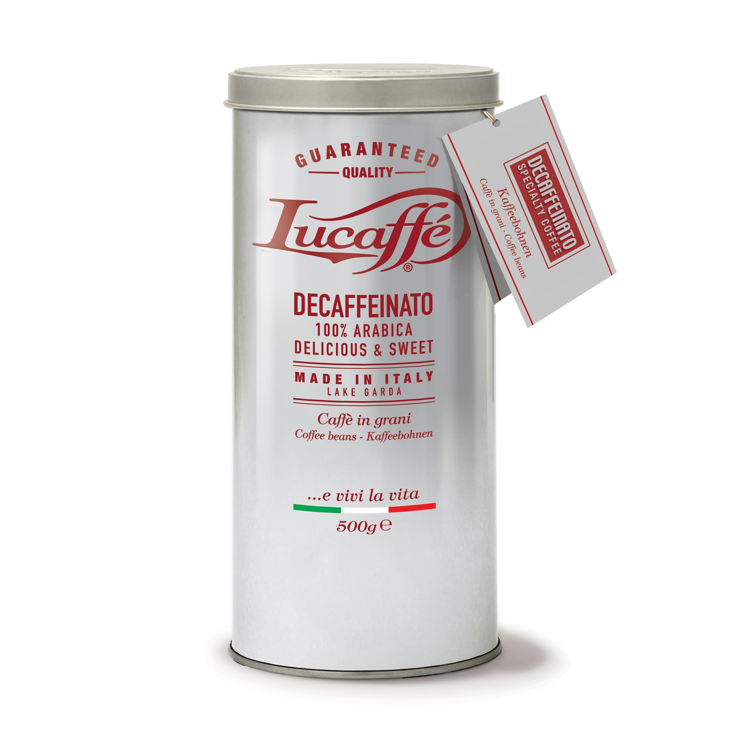 Lucaffè - Barattolo Caffè in Grani Decaffeinato 500 Gr | Caffè in Chicchi Interi da macinare per Espresso senza caffeina | Tostatura Scura | Gusto Dolce e Fruttato, Cremoso | Aroma Intenso