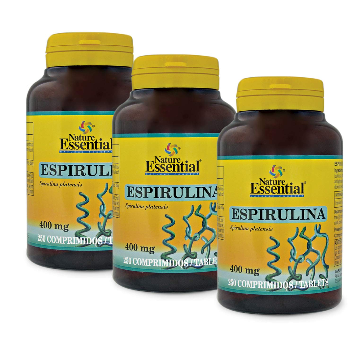 Nature Essential | Espirulina 400 mg | 250 Comprimidos | Pack 3 Unidades | Fuente de Vitaminas y Minerales | Propiedades Antiinflamatorias y Antioxidantes | Vitaminas C-D-K y del Grupo B