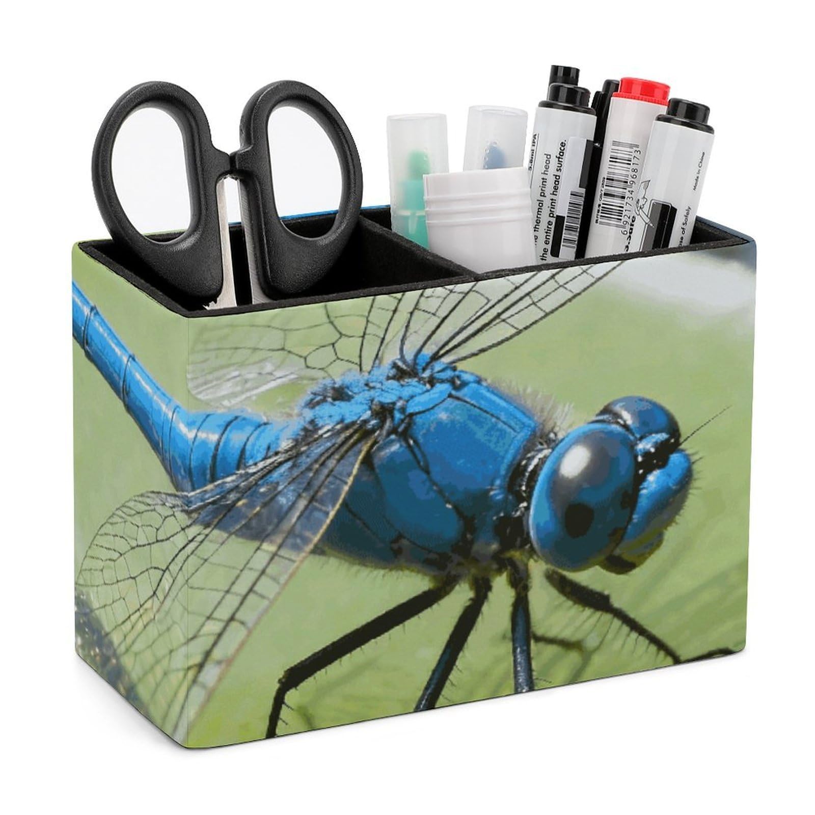 LZQPOEAS Exquisite Patterns PU Leather Pen Holder, Multifunctional Desktop Organizer Caddy with 2 Compartments, Dragonfly Pencil Cup Makeup Brush Holder for Office Home