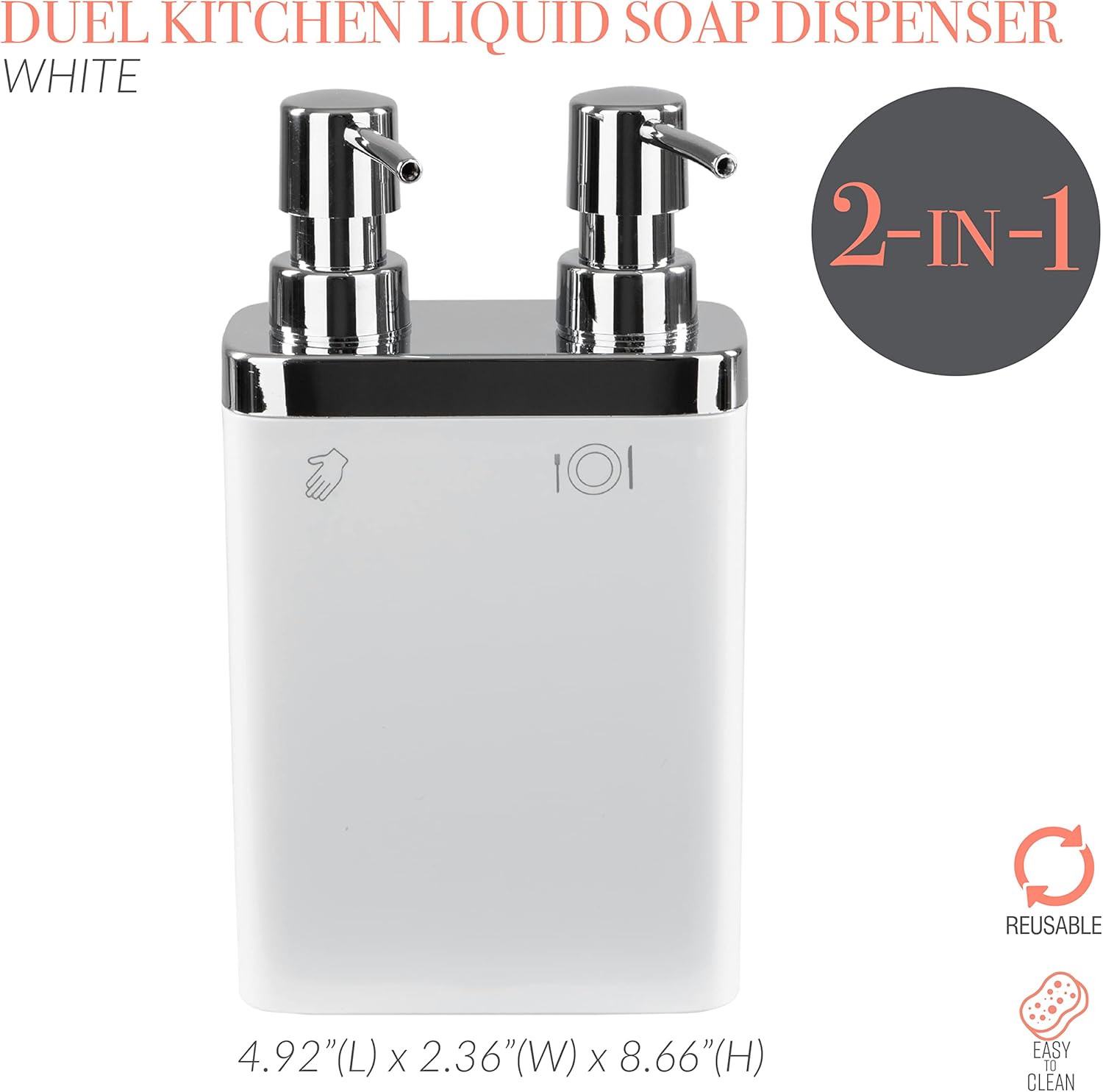 Kitchen Details Dual Pump Soap & Lotion Dispenser | Bathroom and Kitchen Sink | Countertop | Compact Design | White