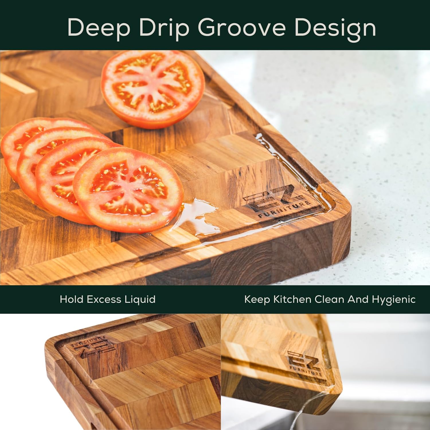 Extra Large (XL) Teak Edge Grain Cutting Board, Reversible, Knife-Friendly Charcuterie Butcher Block, Juice Groove & Handles, Non-Toxic, Gift Box Included (Herringbone, 24" x 18" x 1.15") - Image 6