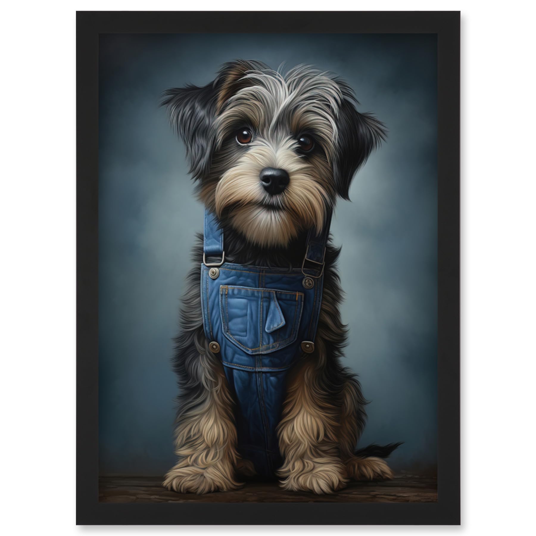 Artery8 Adorable Snorkie Dog in Blue Jean Dungarees Realistic Artwork Fun Pet Portrait Artwork Framed Wall Art Print A4