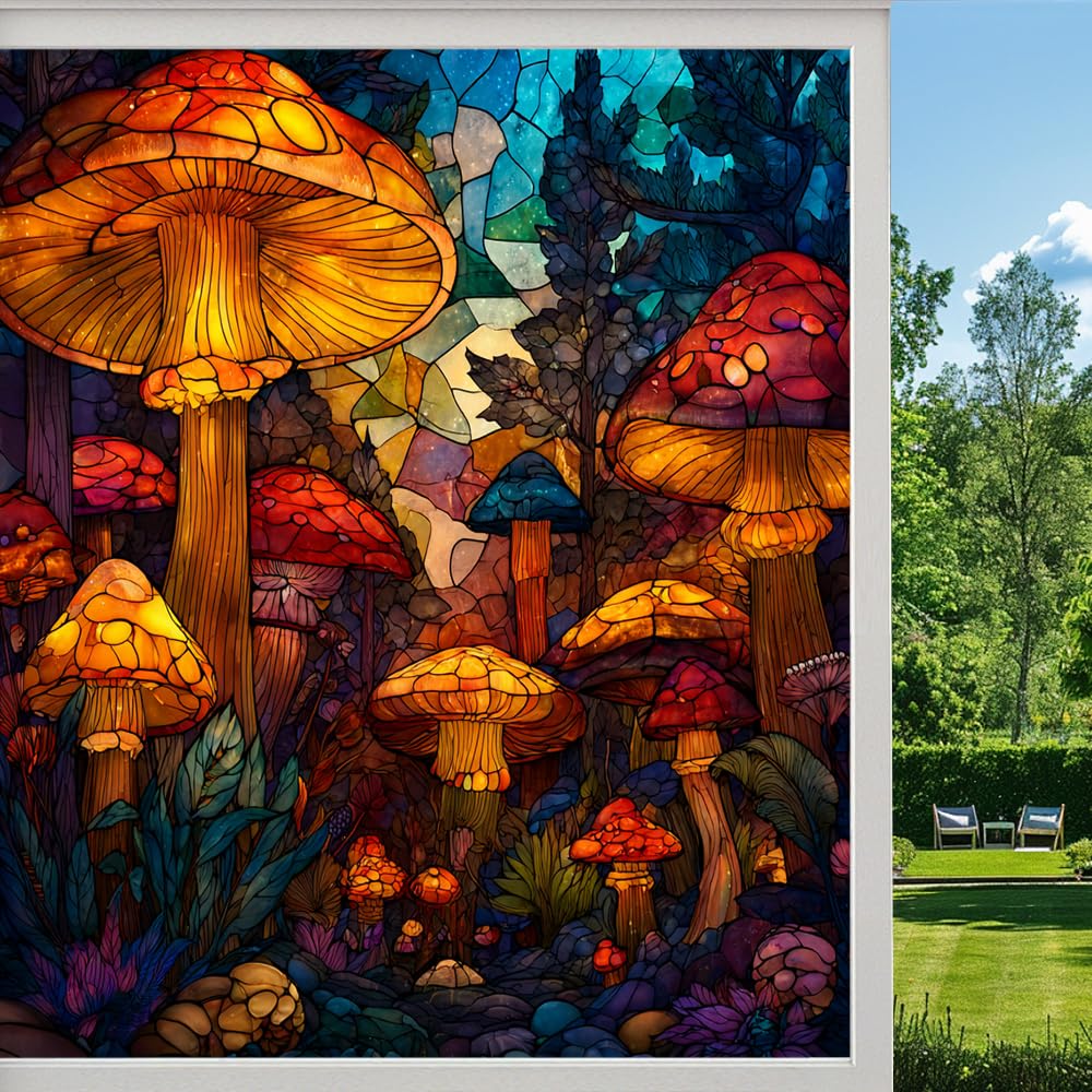 Abstract Mushrooms Frosted Window Film, Enchanted Forest Fantasy Stained Glass Privacy Film, Heat Insulation Self-Adhesive Vinyl for Bathroom Office, （50x90cm）