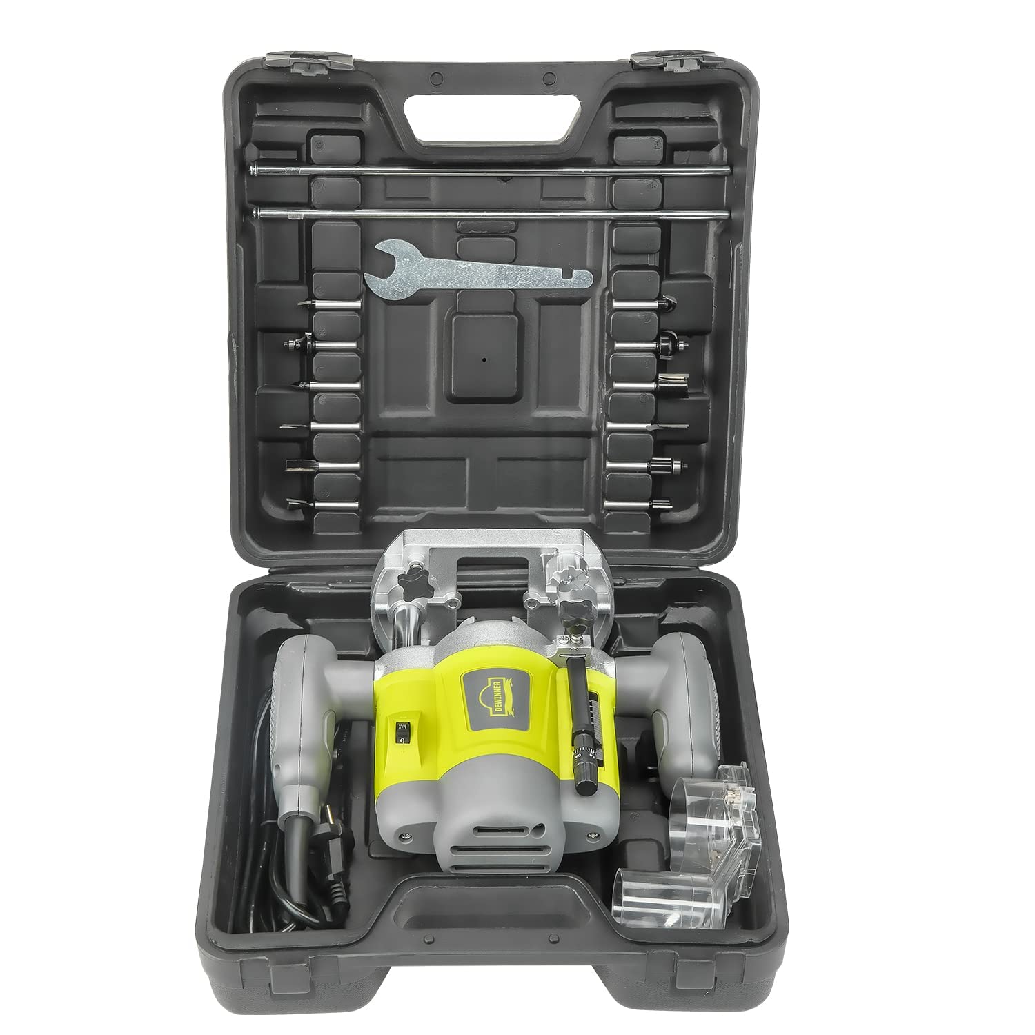 Défonceuse affleureuse électrique 1200 W, DEWINNER à bois 16000-30000 RPM profession fresatrice plastifieuse avec set de 12 fraises,6 vitesses, réglage de la profondeur de fraisage