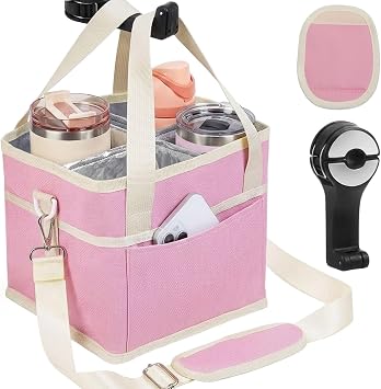 Reusable Drink Carrier with Handle, 2 in 1 Car Seat Hook Set, 4 Compartment Drink Caddy with Shoulder Strap, Adjustable Dividers, Insulated Foldable 4 Drink Tote Holder Bag for Car, Delivery