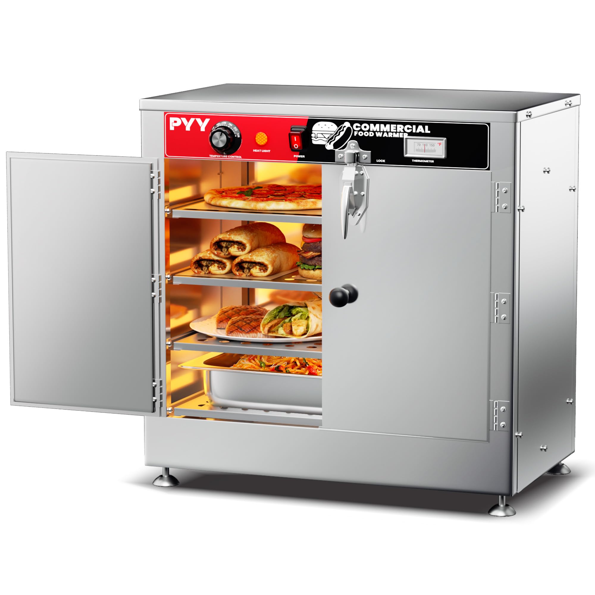 Hot Box Food Warmer, Commercial Catering Warming Cabinet for Pizza Pretzel, Electric Countertop Heating Machine for Restaurant, Buffet and Party, 4-Tier Dual Door with Water Tray and Thermometer