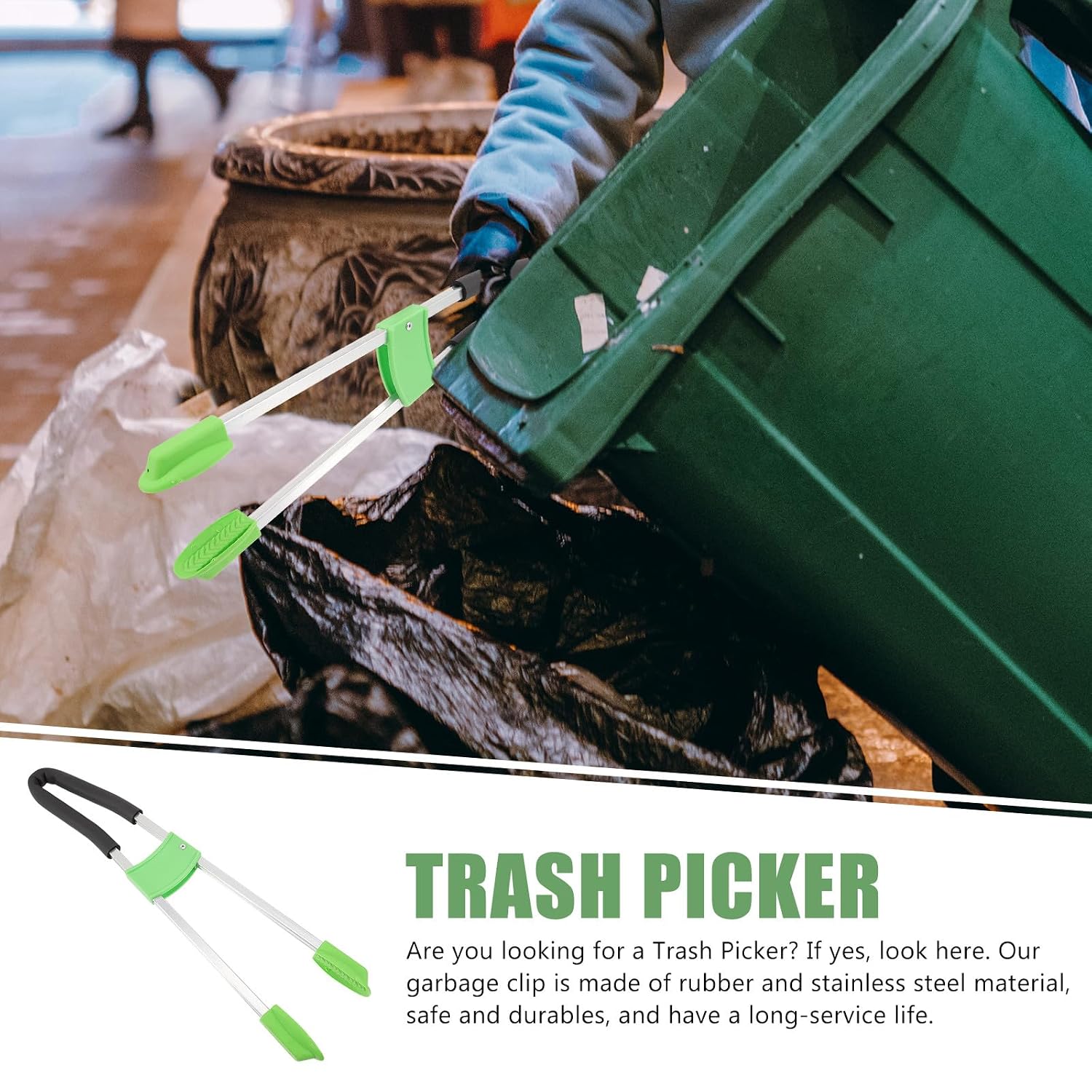 BESTonZON Multi-Functional Trash Picker Grabber Tool Long Handle, Dual-Rod Litter Grabber Clamp for Sanitation and Waste Pickup, Lightweight Garbage Reacher for Outdoor Cleaning