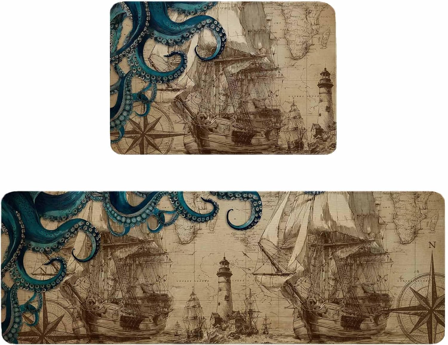 Nautical Blue Octopus Kitchen Rugs and Mats Set of 2, Non-Slip Kitchen Sink Mat, Coastal Ocean Summer Boat Washable Doormat Bathroom Rugs Runner for Bedroom/Living Room 19.7"x23.6"+19.7"x47.2"
