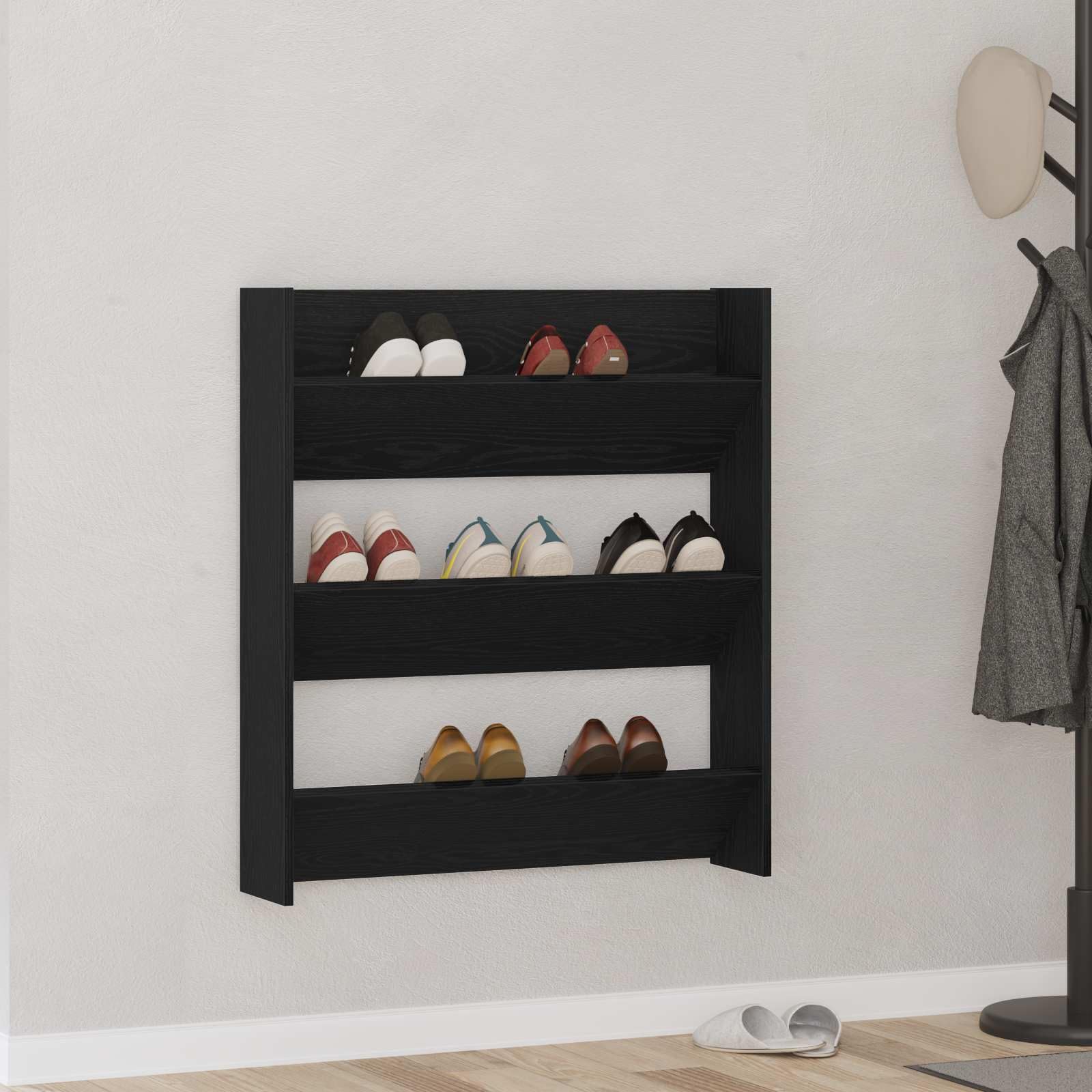 Meuble à chaussures noir et chêne 80cm pour un rangement mural compact de couloir