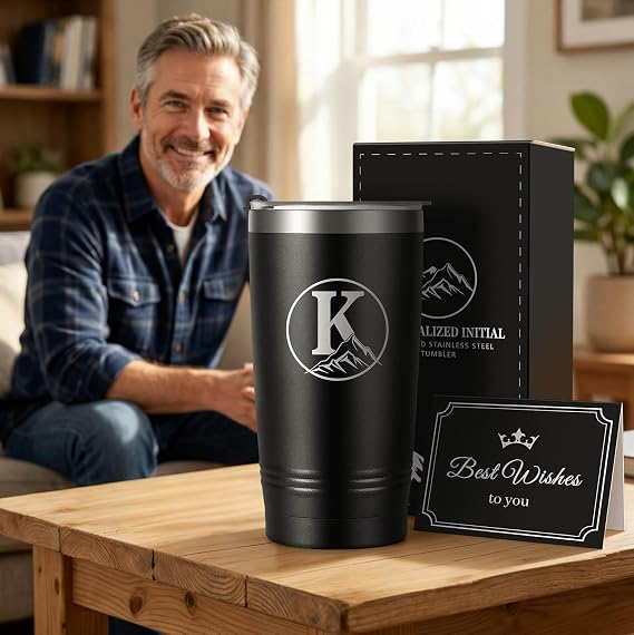 Wasocol Personalized Gifts for Men Initial A-Z Insulated Tumbler Customized Gift, Birthday Gifts for Men Dad Grandpa Husband Boyfriend Brother Him, 20 oz Travel Coffee Mug with Lid(K)