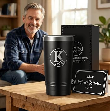 Wasocol Personalized Gifts for Men Initial A-Z Insulated Tumbler Customized Gift, Birthday Gifts for Men Dad Grandpa Husband Boyfriend Brother Him, 20 oz Travel Coffee Mug with Lid(K)