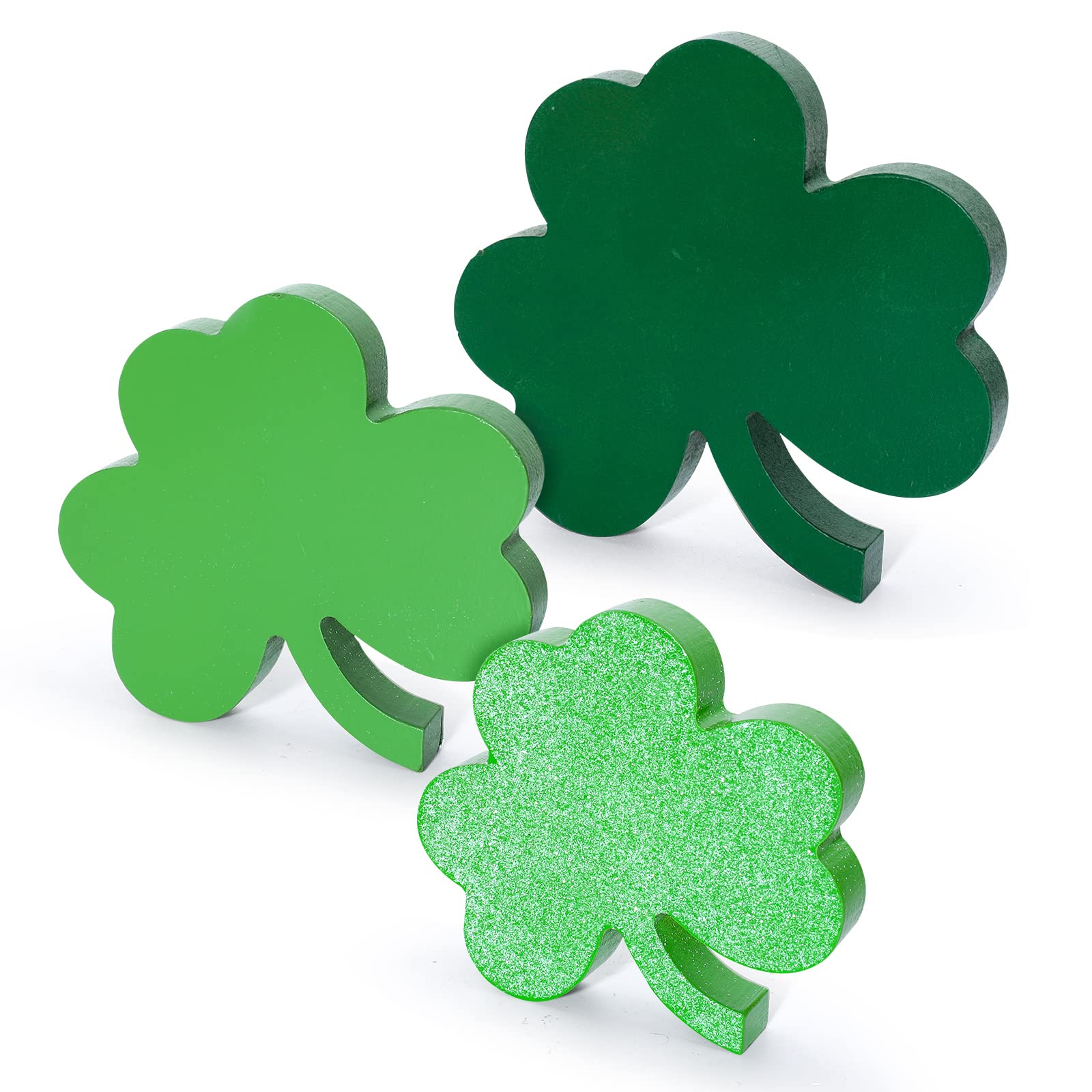 Whaline3Pcs St. Patrick's Day Wooden Shamrock Table Signs Glitter Green Shamrock Table Centerpieces Irish Lucky Clover Wood Tabletop Decor for Holiday Home Fireplace Tiered Tray Decor
