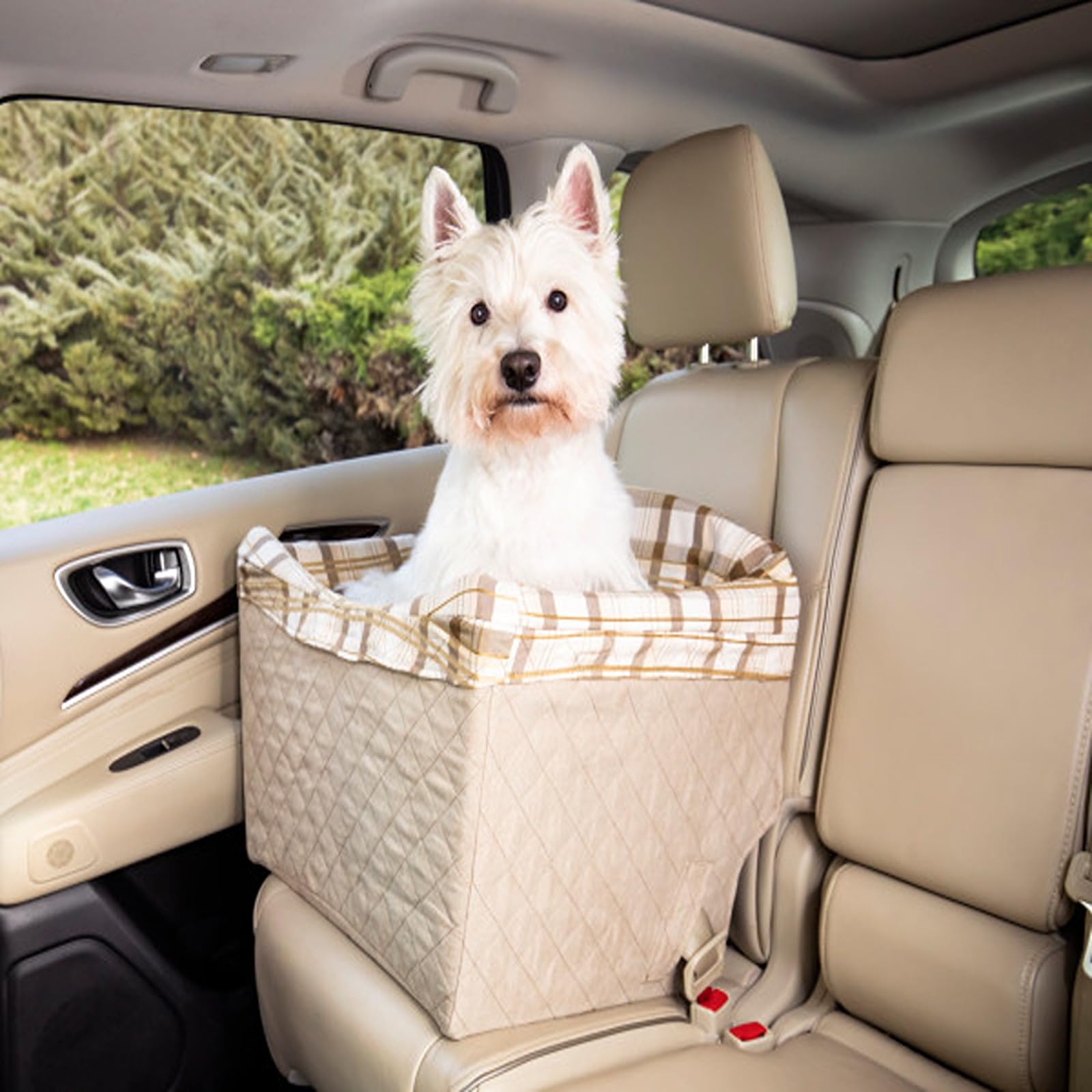PetSafe Happy Ride, Hundesitz: erhöhter Sitz, geeignet für Auto, Van; Sicherheitsgurt inklusive; strapazierfähiger, maschinenwaschbarer Bezug; Hellbraun gepolstert