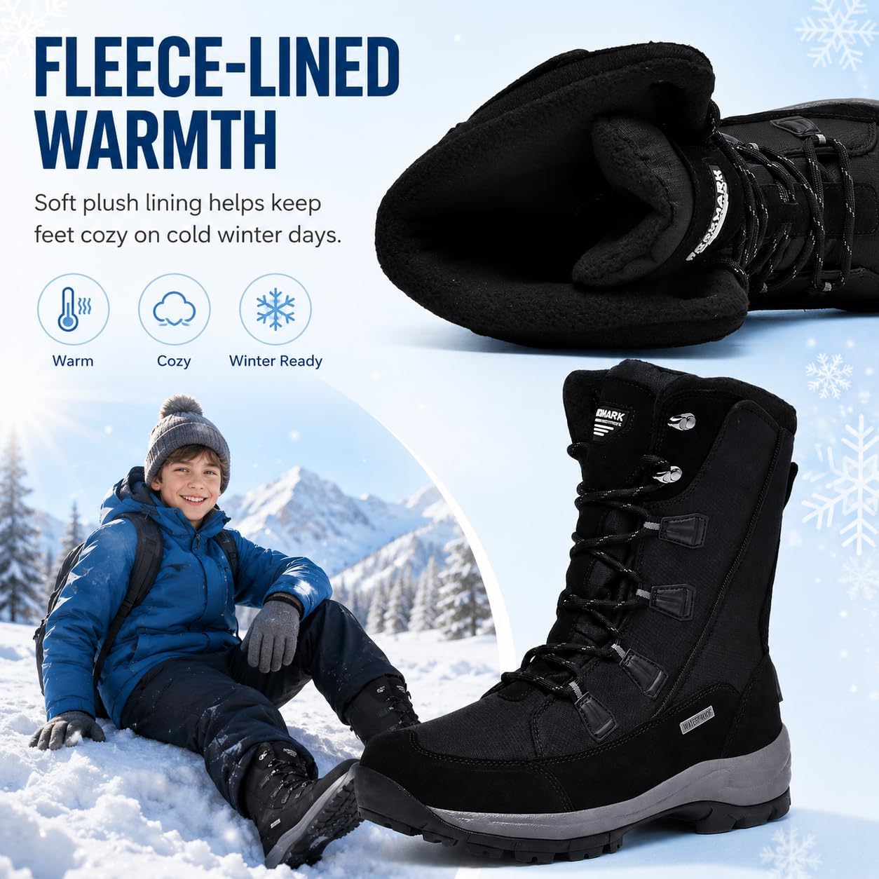 ROCKMARK Kids Snow Boots Waterproof Winter Boots for Boys Girls, Insulated Warm Fur-Lined Outdoor Snow Shoes with Non-Slip Sole for Toddler Little Kid Big Kid