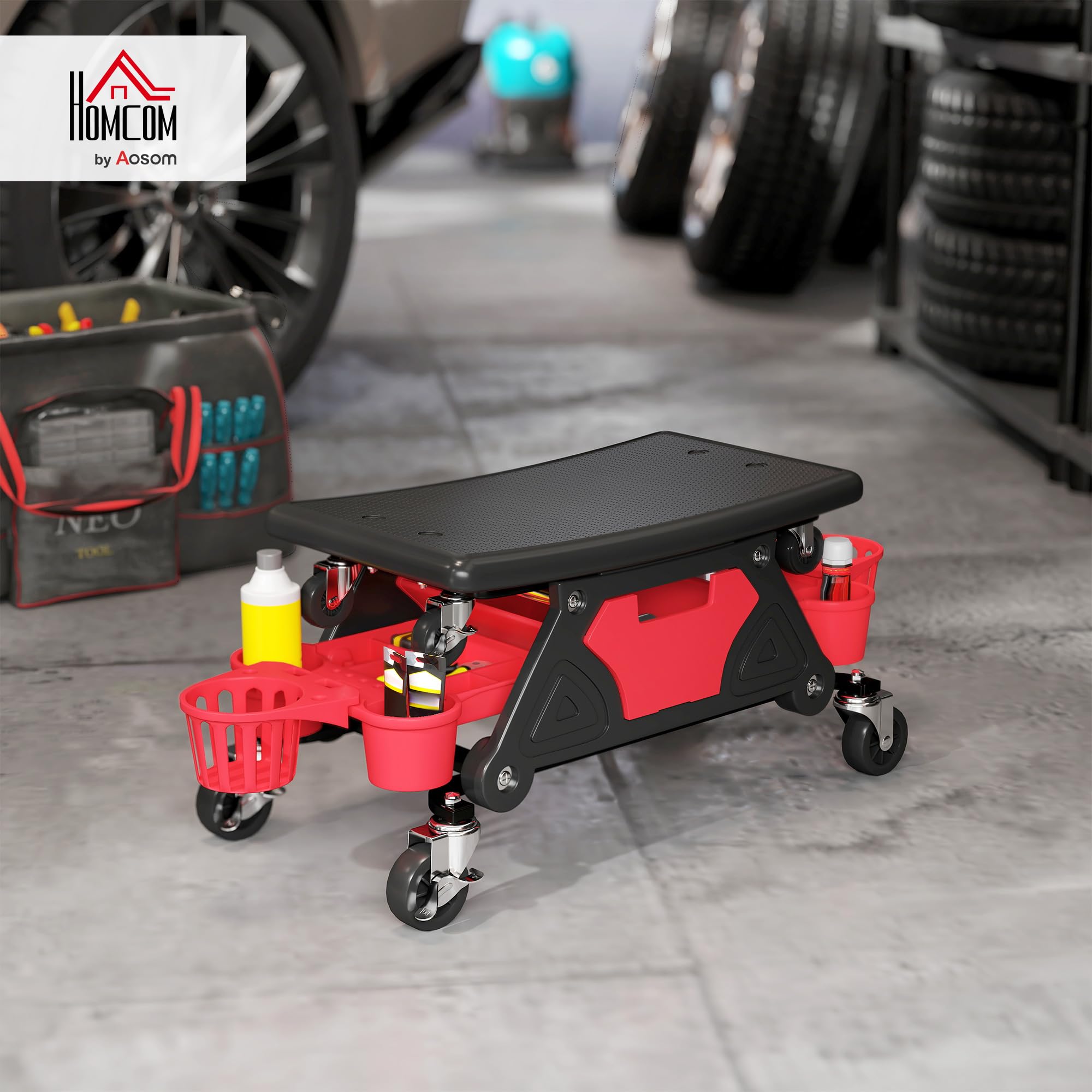 HOMCOM Taburete de Taller Giratorio con Ruedas Altura Ajustable Asiento Taburete para Mecánico con 2 Bandejas para Herramientas Portavasos Cajón Carga 135 kg para Garaje Reparación de Automóviles Rojo