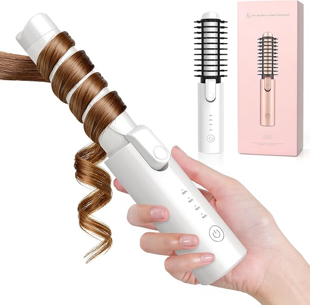 Cordless Curling Iron Rechargeable, 3-in-1 Portable Hair Curler Straightener Brush, 7000mAh with 4 Temps, Anti-Scald & Anti-Frizz Mini Curling Wand for Travel Styling (White)