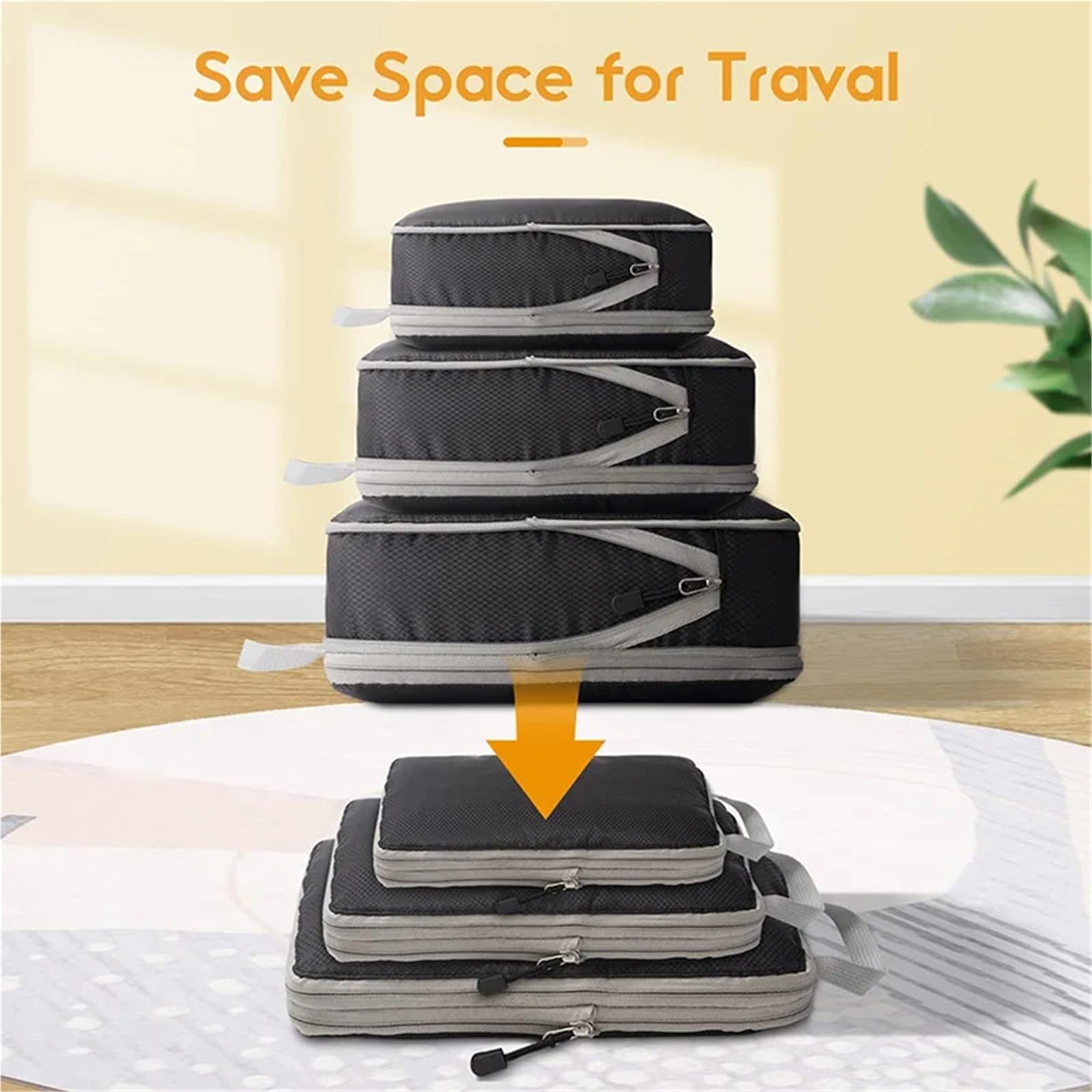 Set di 3-7 cubi compressi da viaggio con borsa per scarpe, bagaglio visivo, portatile e leggero, set da 5 pezzi, grigio