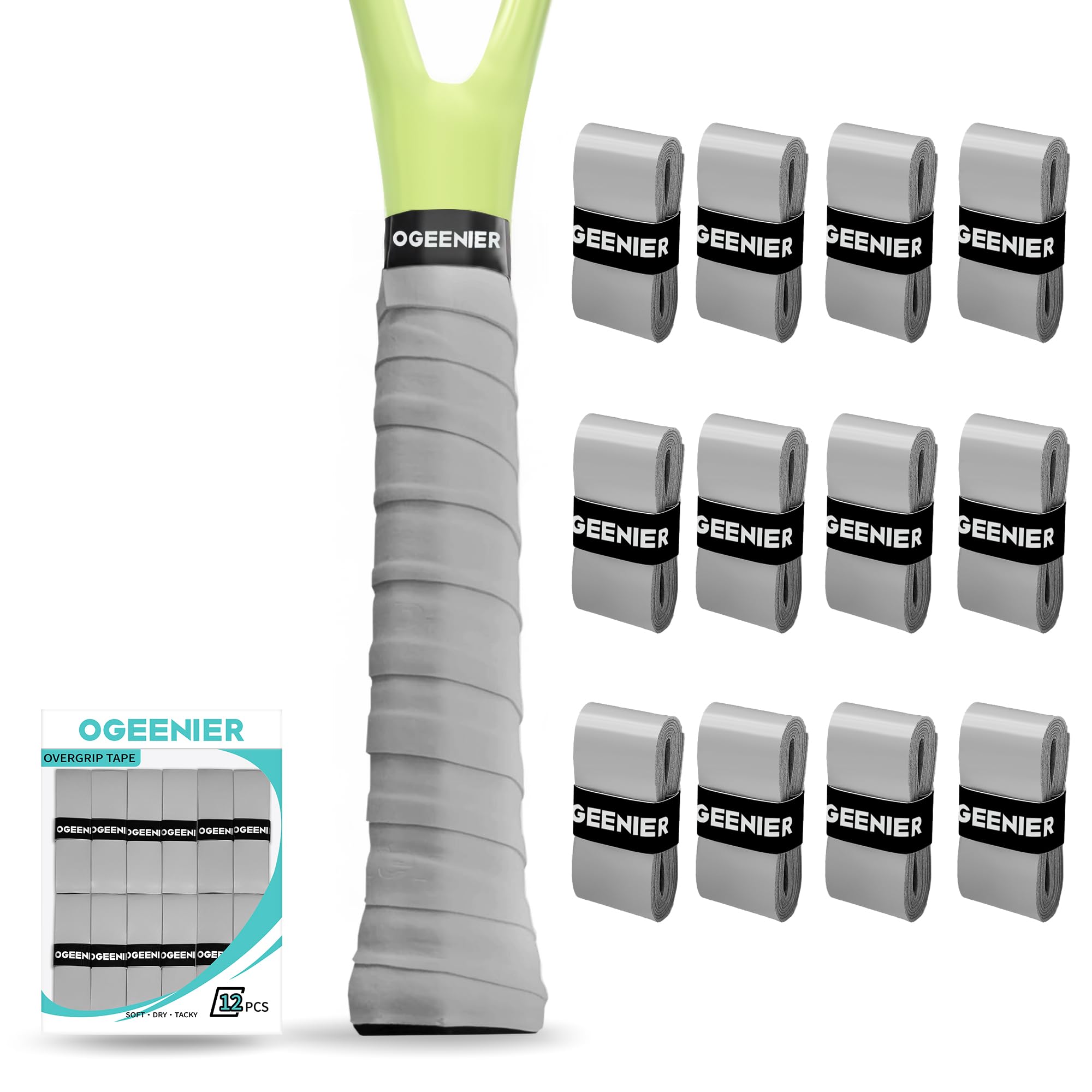 Ogeenier Tennis Racket Grip Tape, 12 Pack, Absorbent and Anti-Slip Badminton Squash Racket Grip, Precut Soft Racquet Padel Overgrip Tape