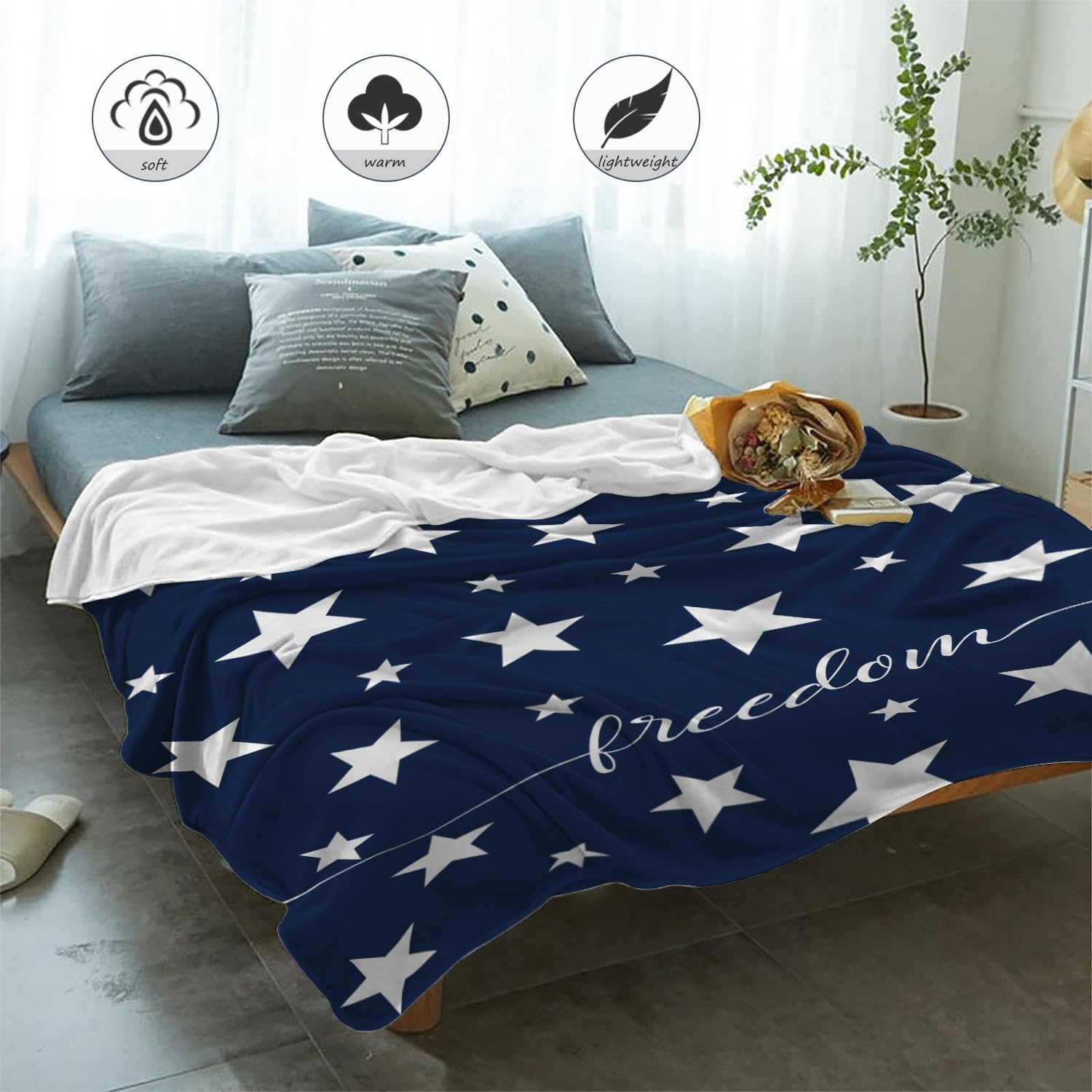Patriotic Throw Blanket King Size 4th of July Memorial Day Fourth of July American Freedom Veteran Blanket Bed Red White Blue Stars Soft Fleece Blanket Home Decorations 90x108