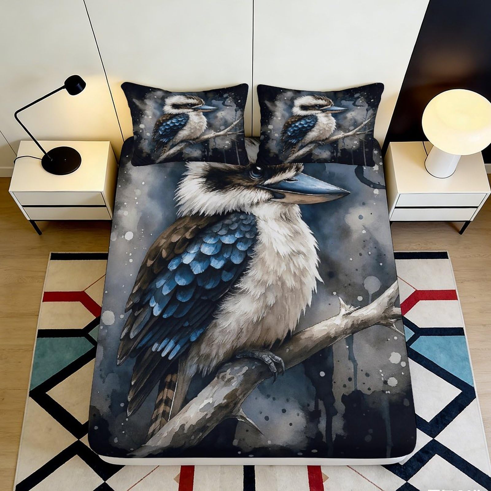 3D Printed Kingfisher Bird Fitted Sheet Microfiber Soft Breathable Forest Branch Mattress Cover for Bedroom Decor 90x200x25cm