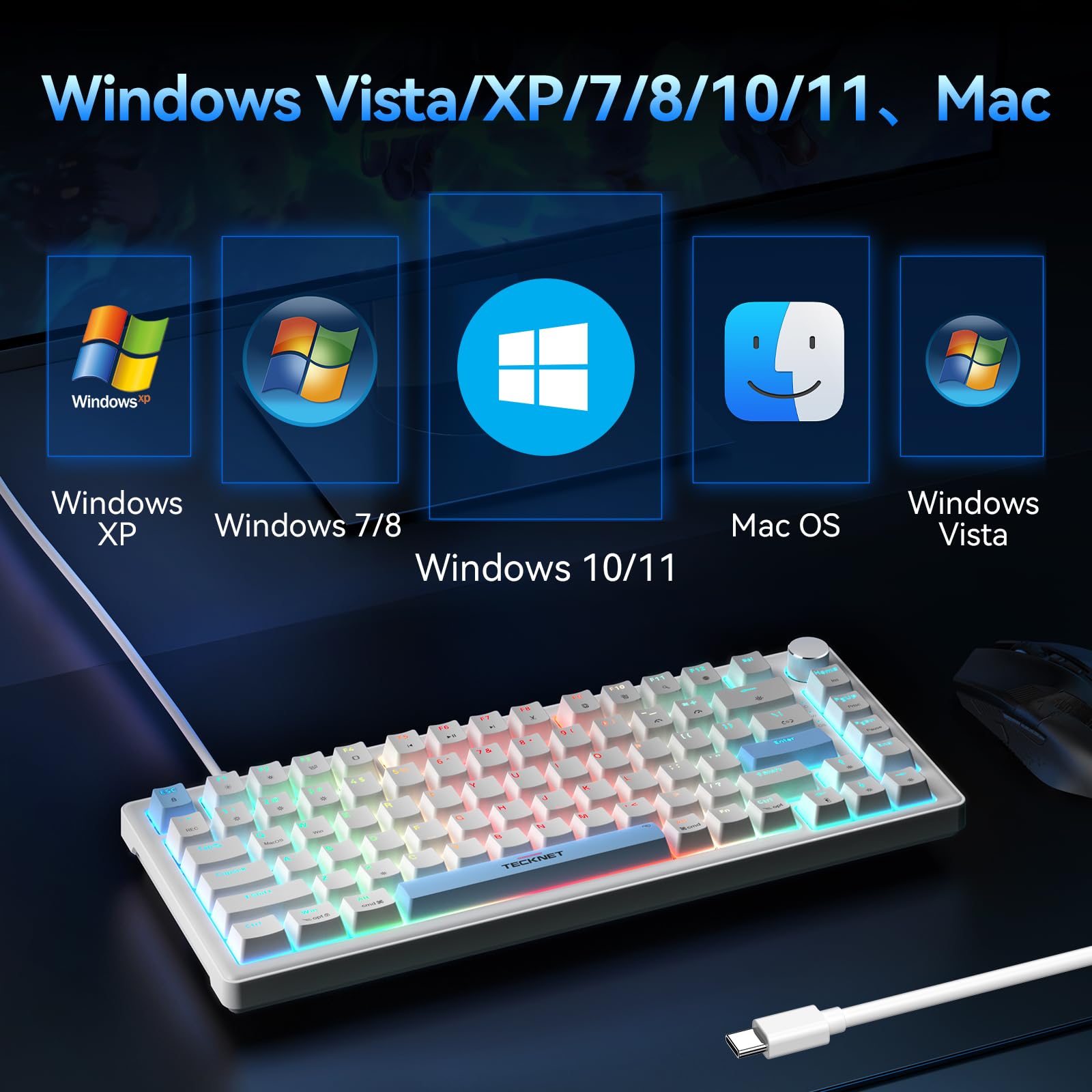 TECKNET Wired Gaming Keyboard, RGB Backlit Keyboards with Gasket Structure, USB C Mechanical Keyboard has 20 Lighting Effects & Multimedia Control Knob, Computer Keyboards for PC Laptop Mac Gamer — view 7