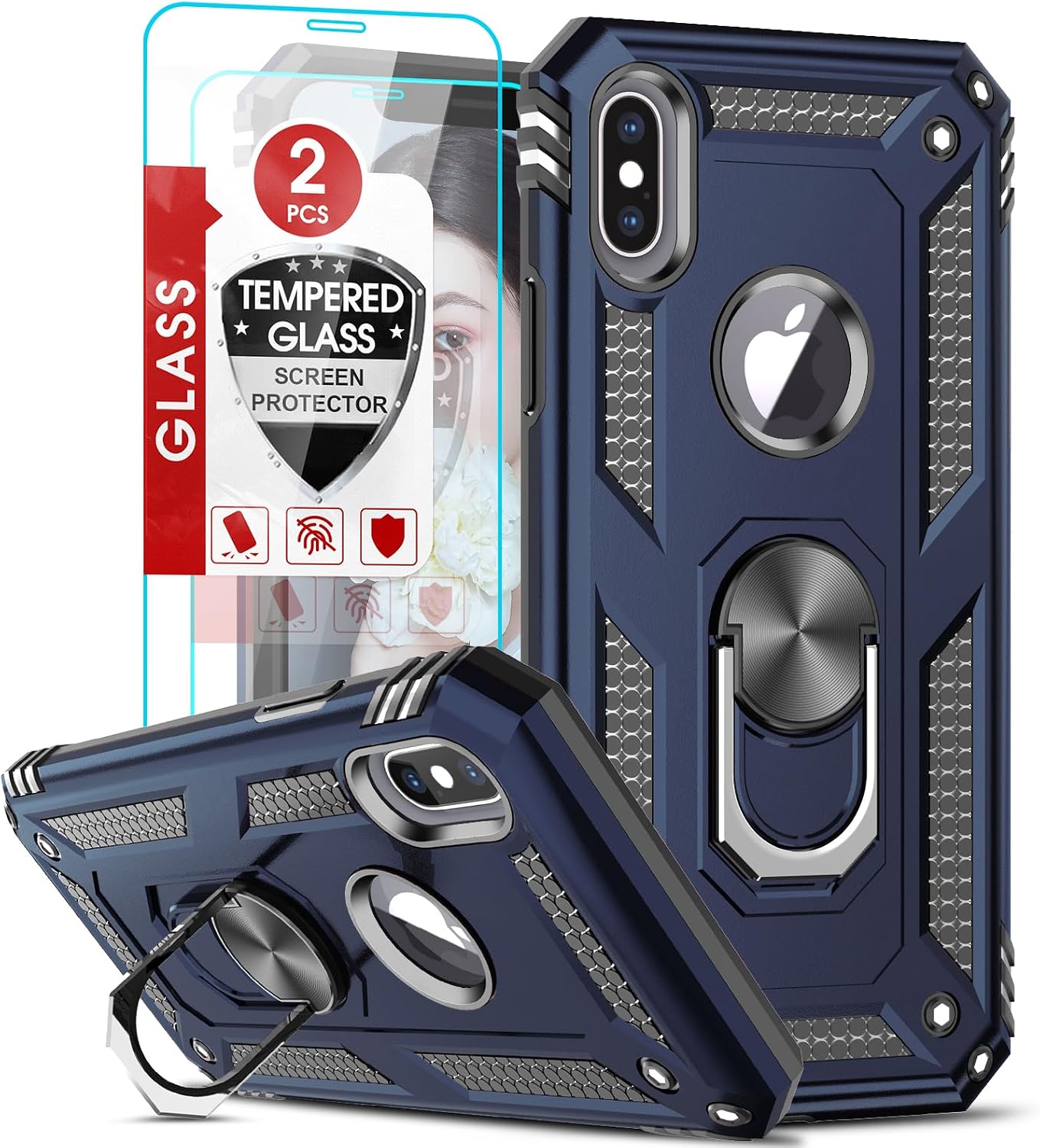 LeYi for iPhone X Case & iPhone Xs Case with [2PCS Tempered Glass Screen Protector] Military Grade iPhone Xs Phone Case Build with Kidstand, Heavy Duty Shockproof Phone Cover for iPhone X/XS (Blue)