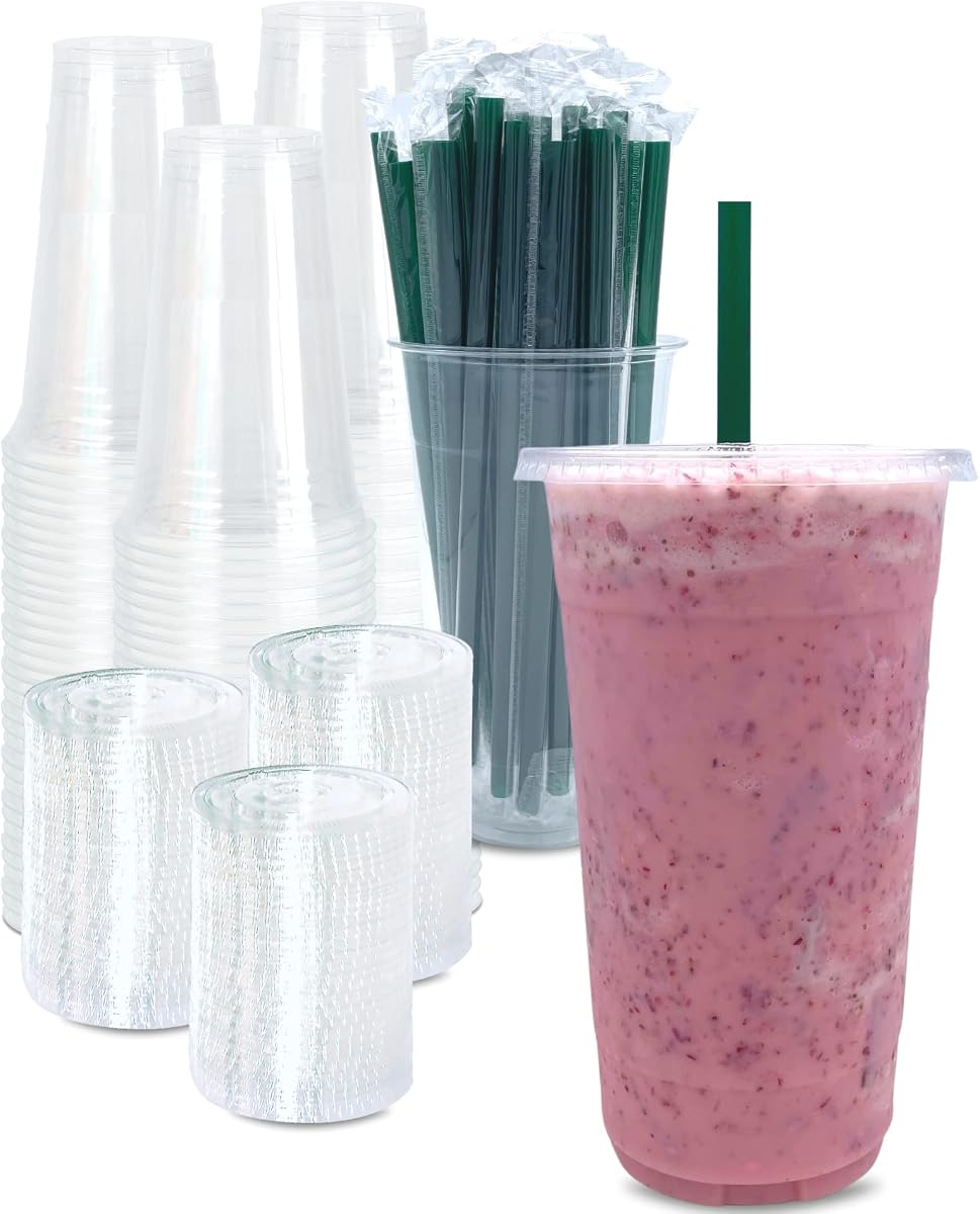 [100 JUEGOS] Vasos de plástico transparente de 32 oz con tapas y pajitas, vasos desechables para bebidas frías, café helado, batidos, batidos