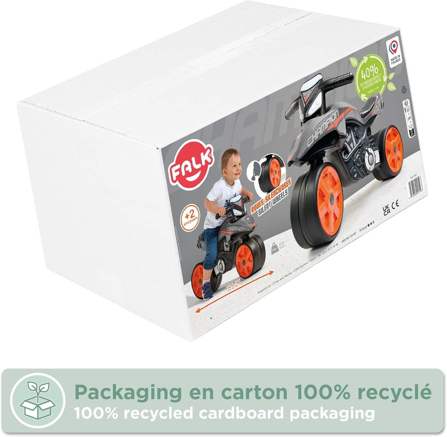 FALK - Moto Street Champion Balance Bike - Grey - Silent Wheels - Ages 2+ - 40% Recycled Plastic - Made in France - 541S