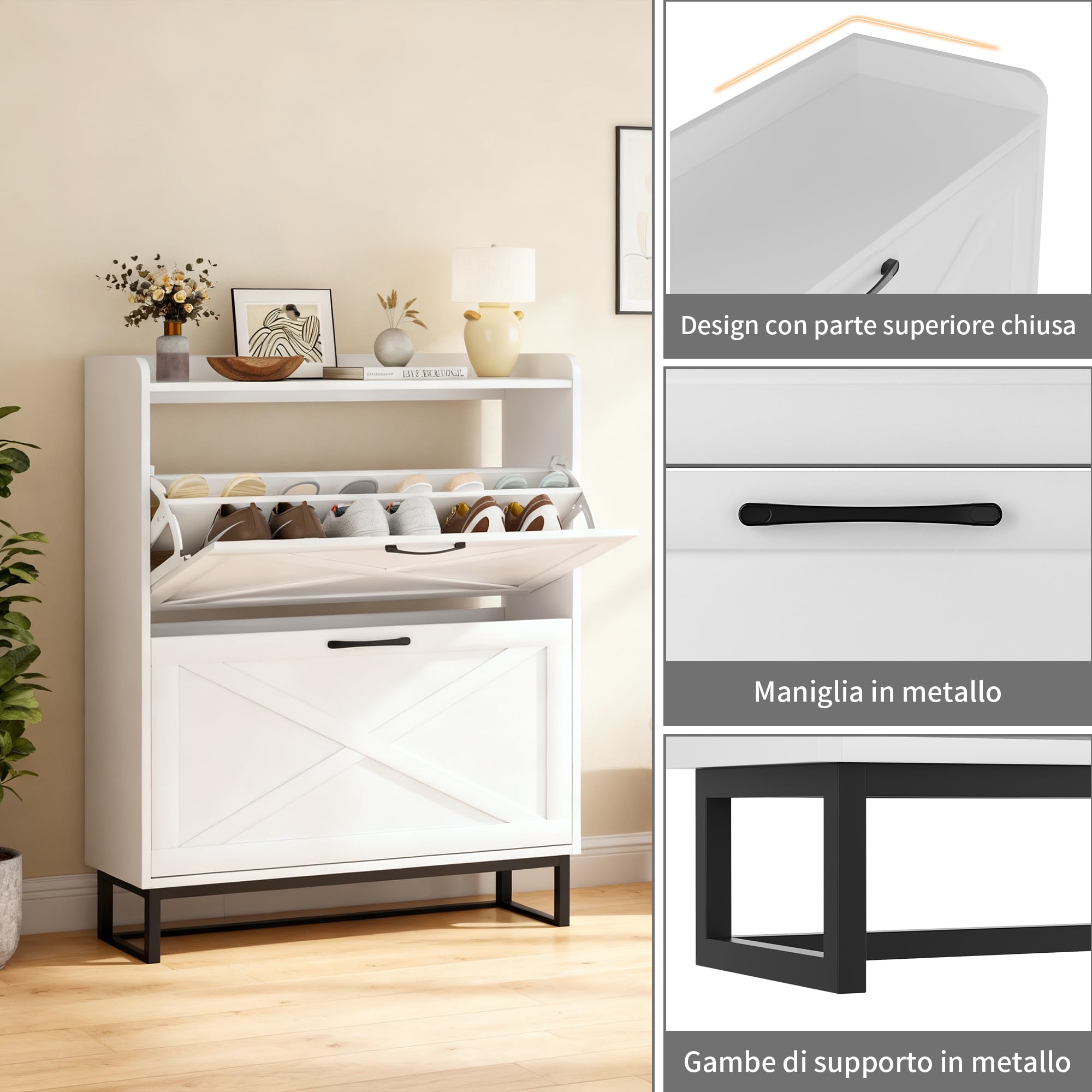 BonVache Scarpiera Salvaspazio Slim in Legno, 2 Ante Scanalate a Ribalta, Scarpiera con 2 piattaforme regolabili, piedini in metallo, per corridoio, ingresso, 80 x 23,8 x 101,7 cm, Bianco
